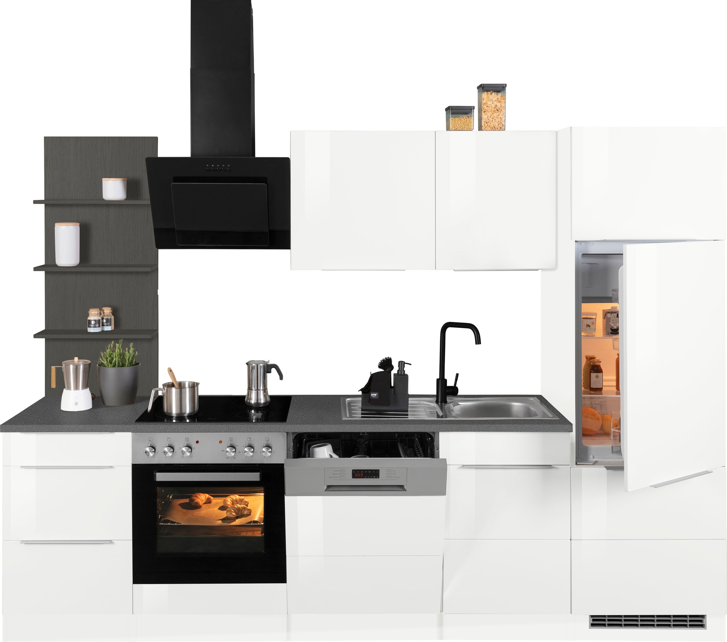 KOCHSTATION Küchenzeile "KS-Brindisi" Breite 280 cm, wahlweise mit E-Geräten, mit MDF-Fronten und Regal