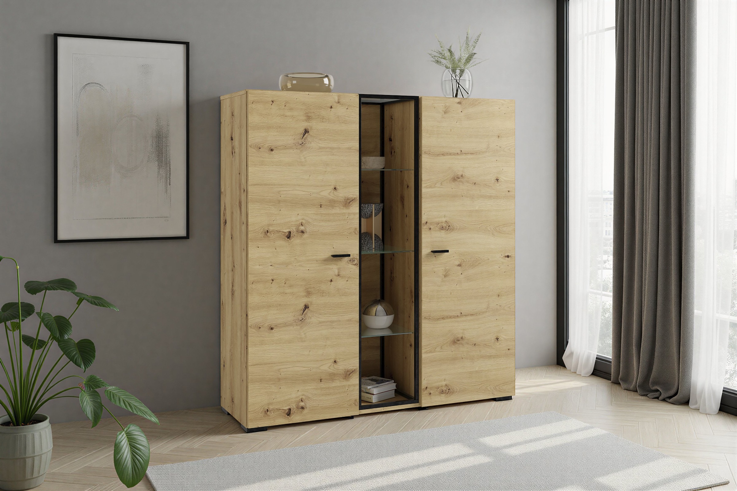 byLIVING Highboard "FRAME" Artisan Eiche, 9 Fächer, offene Fächer mit Glasböden im Metallrahmen