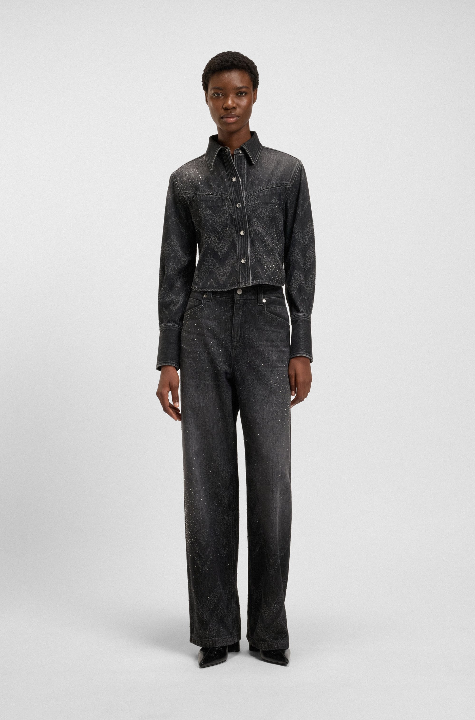 BOSS ORANGE Weite Jeans »Slouchy Premium Damenmode«, Wide-Leg-Fit, Mid Rise, Glitzerdetails