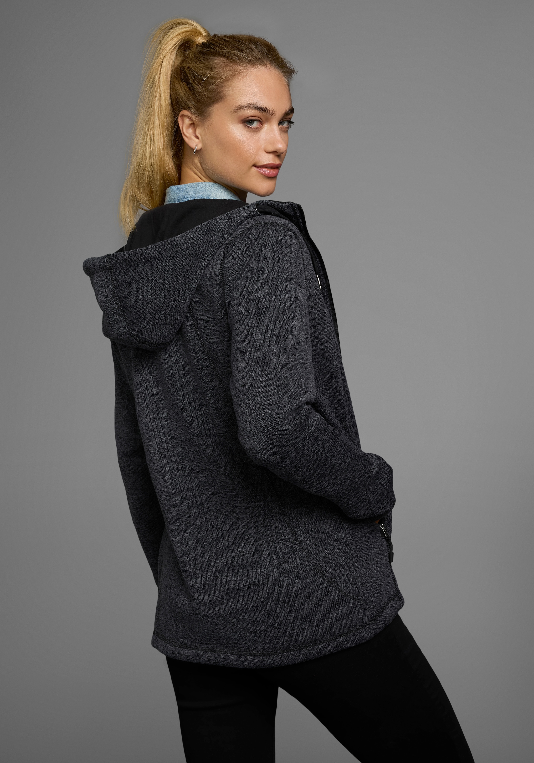 Polarino Strickfleecejacke, mit Kapuze, für kalte Tage, aus Strickfleece, sportlicher Stil