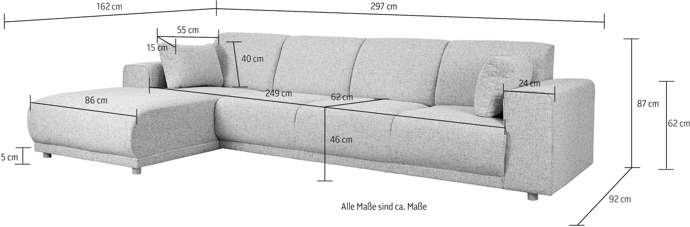 Home affaire Ecksofa »LEMPS wahlweise Recamiere links oder rechts L-Form«, incl. Zierkissen, Stellmasse 297x162 cm