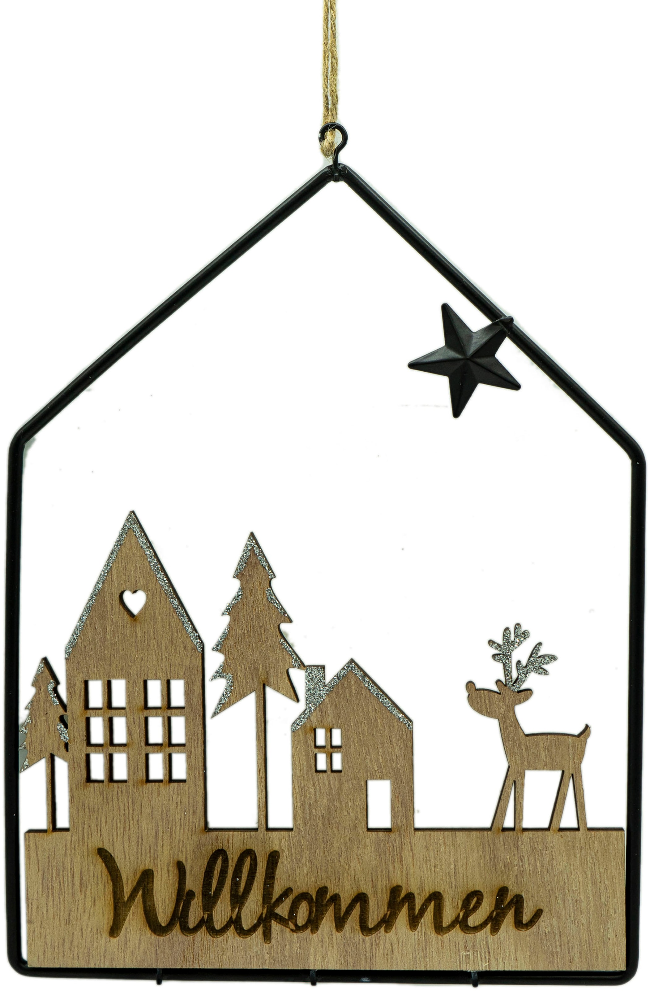 NOOR LIVING Weihnachtsfigur »Deko-Schild aus Holz und Metall, mit Aufschrift Willkommen/Weihnachten«, Dekoobjekt, Weihnachtsdeko, Türschild, Höhe ca. 24 cm
