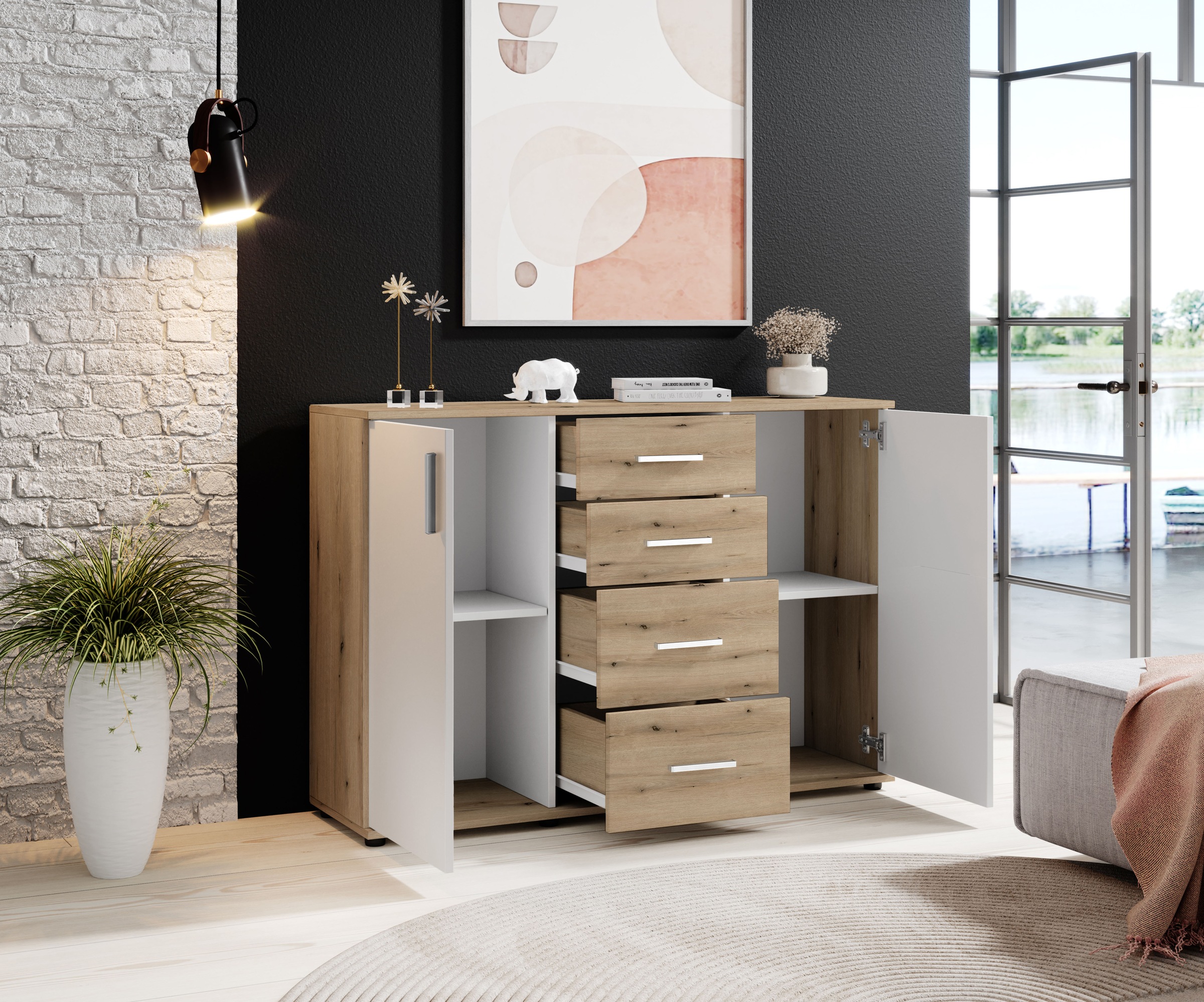 HBZ Kommode »BC-Drift-2, Sideboard Stellmass 120x84x35 cm«, (1 St.), Sideboard mit 2 Türen, 4 Schubkästen, 2 Einlegeböden