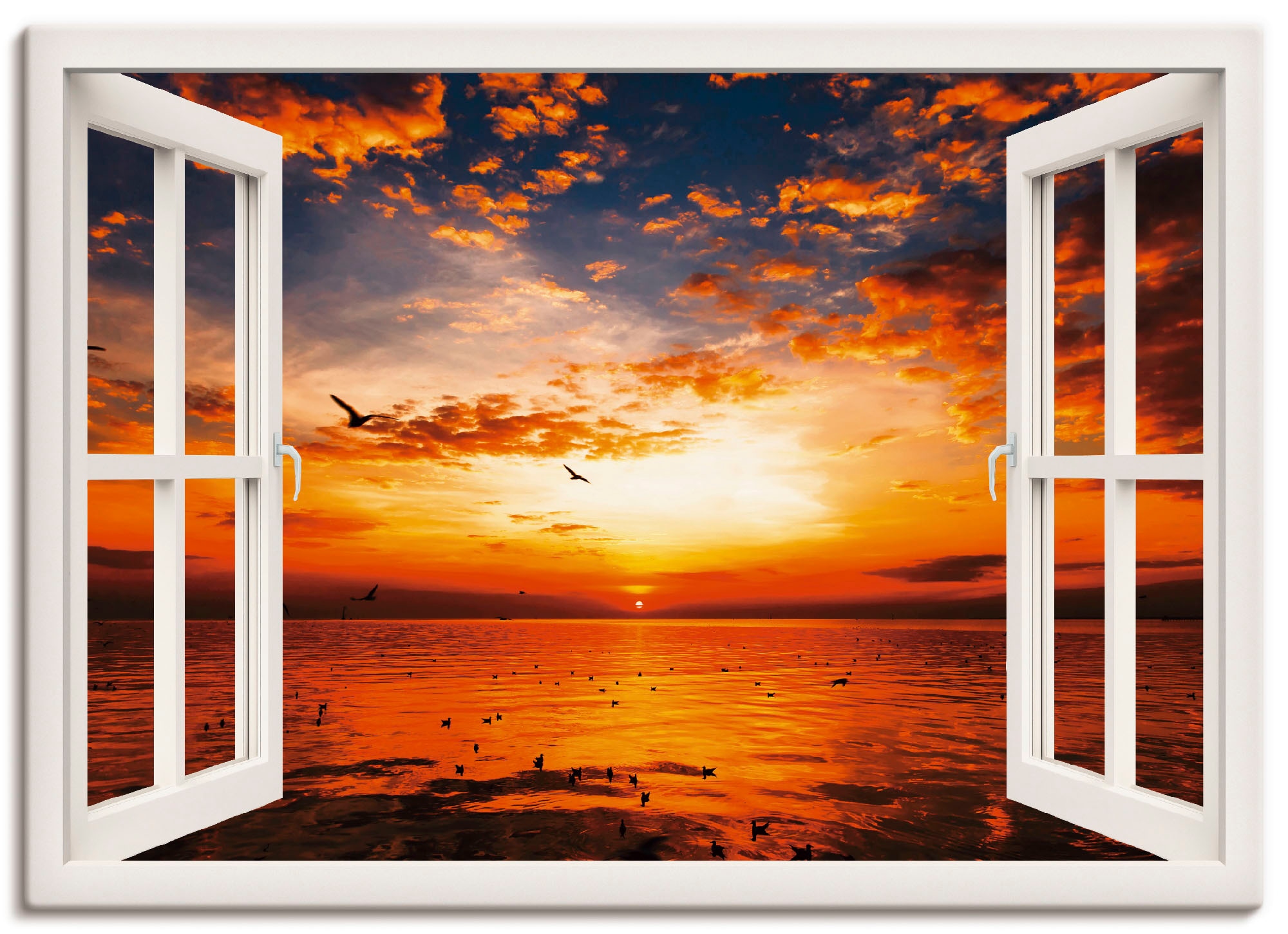Artland Wandbild Fensterblick, online St.), bestellen »Fensterblick oder Poster Jelmoli-Versand als (1 Strand«, Grössen | versch. Sonnenuntergang am Wandaufkleber in Leinwandbild