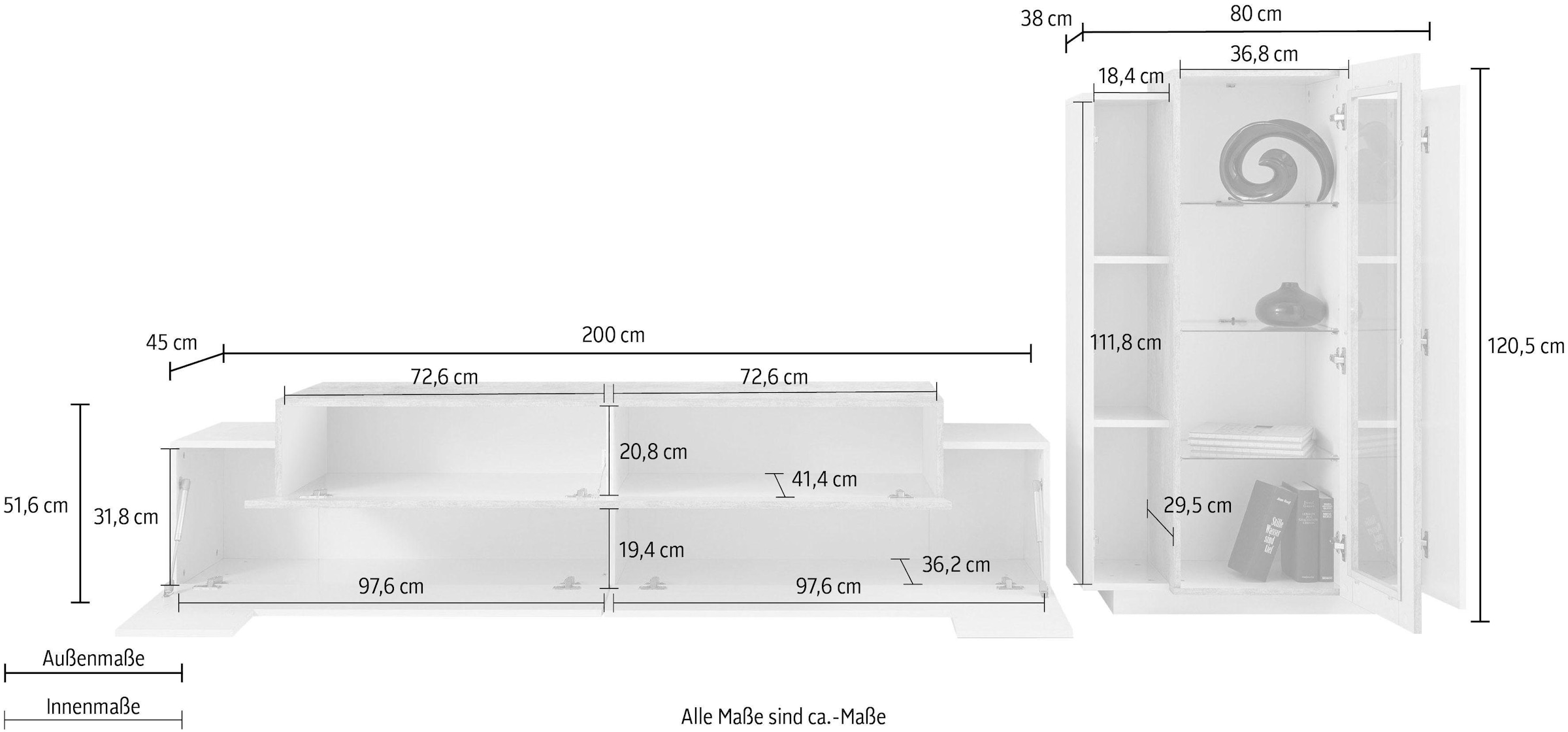 INOSIGN Wohnwand »Coro, Anbauwand, Medienwand«, (Set, 2 St.), Lowboard 4 Fächern Breite 200 und Vitrine 3 Türen Breite 80