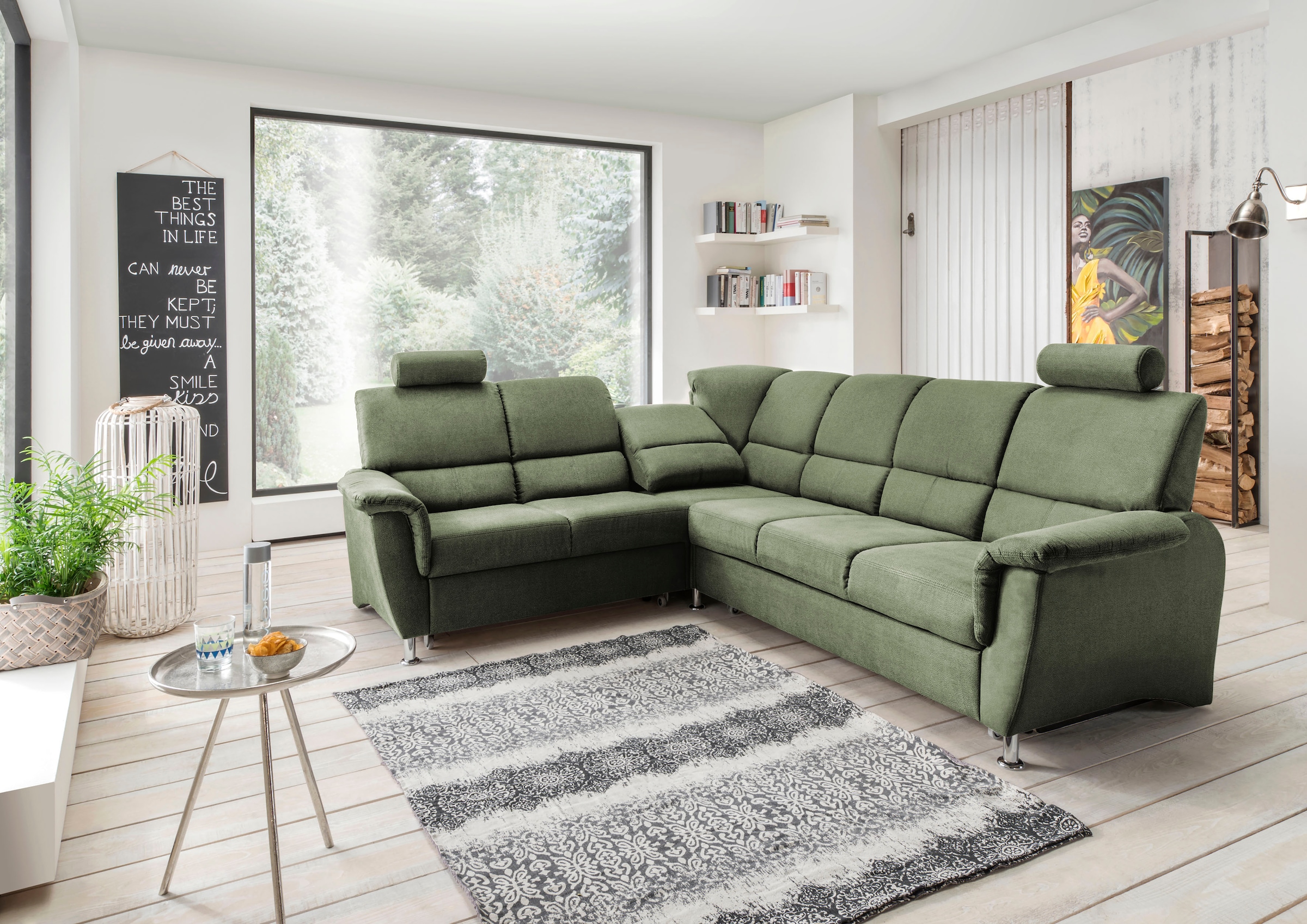 Home affaire Ecksofa »Pisa L-Form, mit Schlaffunktion, Stauraum, 2x höhenverstellbare«, Kopfstützen und Relaxfunktion im Eckelement