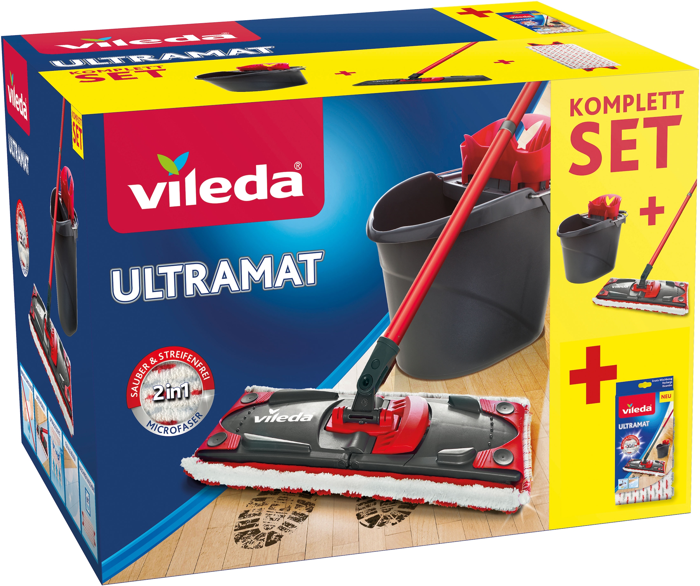 Vileda Bodenwischer-Set »Ultramax 2in1«, (Set, 3 St.), (3-teiliger Stiel, Mikrofaser-Bezug, Ultramax Eimer)