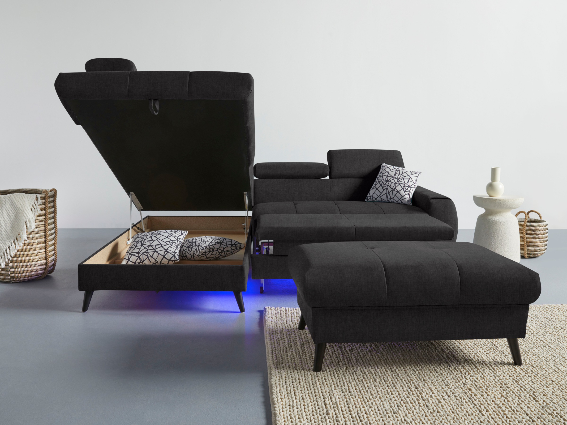 COTTA Ecksofa »Mia L-Form mit 3 Zierkissen«, wahlweise mit Bettfunktion, Bettkasten, Beleuchtung & Wireless-Charger