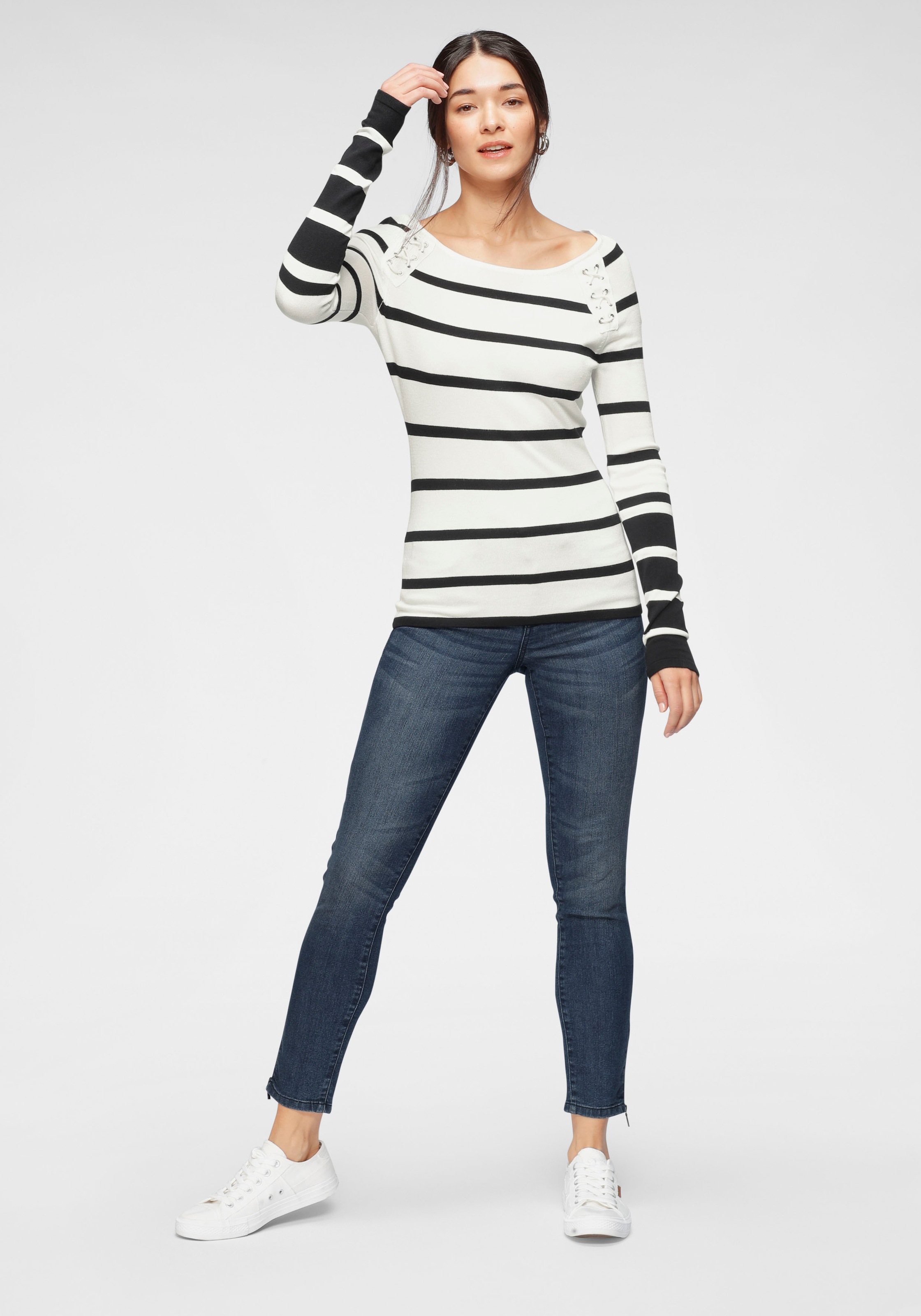 tom tailor polo team streifenpullover mit schnürung an der schulter