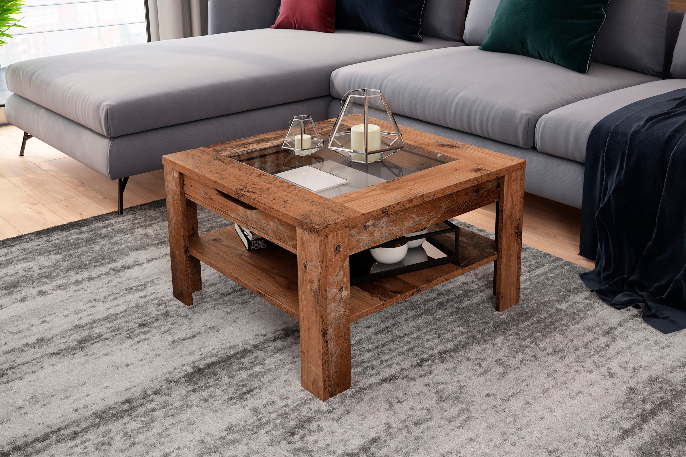 byLIVING Couchtisch "RALPH" Artisan Eiche, Old Wood oder weiss, 1 Schubkasten, Glaseinlageplatte