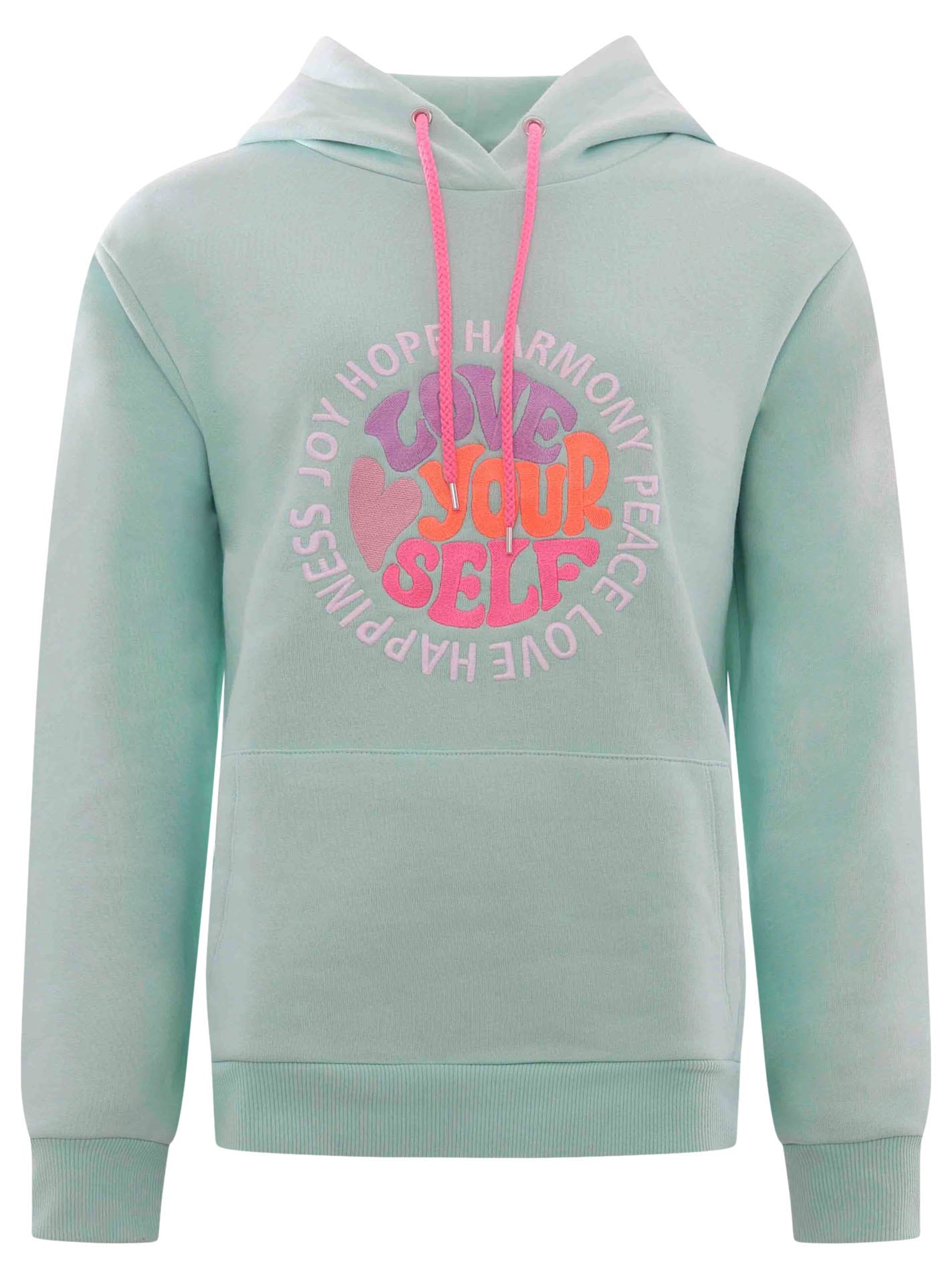 Sweatshirt, in Pastell mit neonfarbener "Love Yourself" Stickerei & pinker Kordel