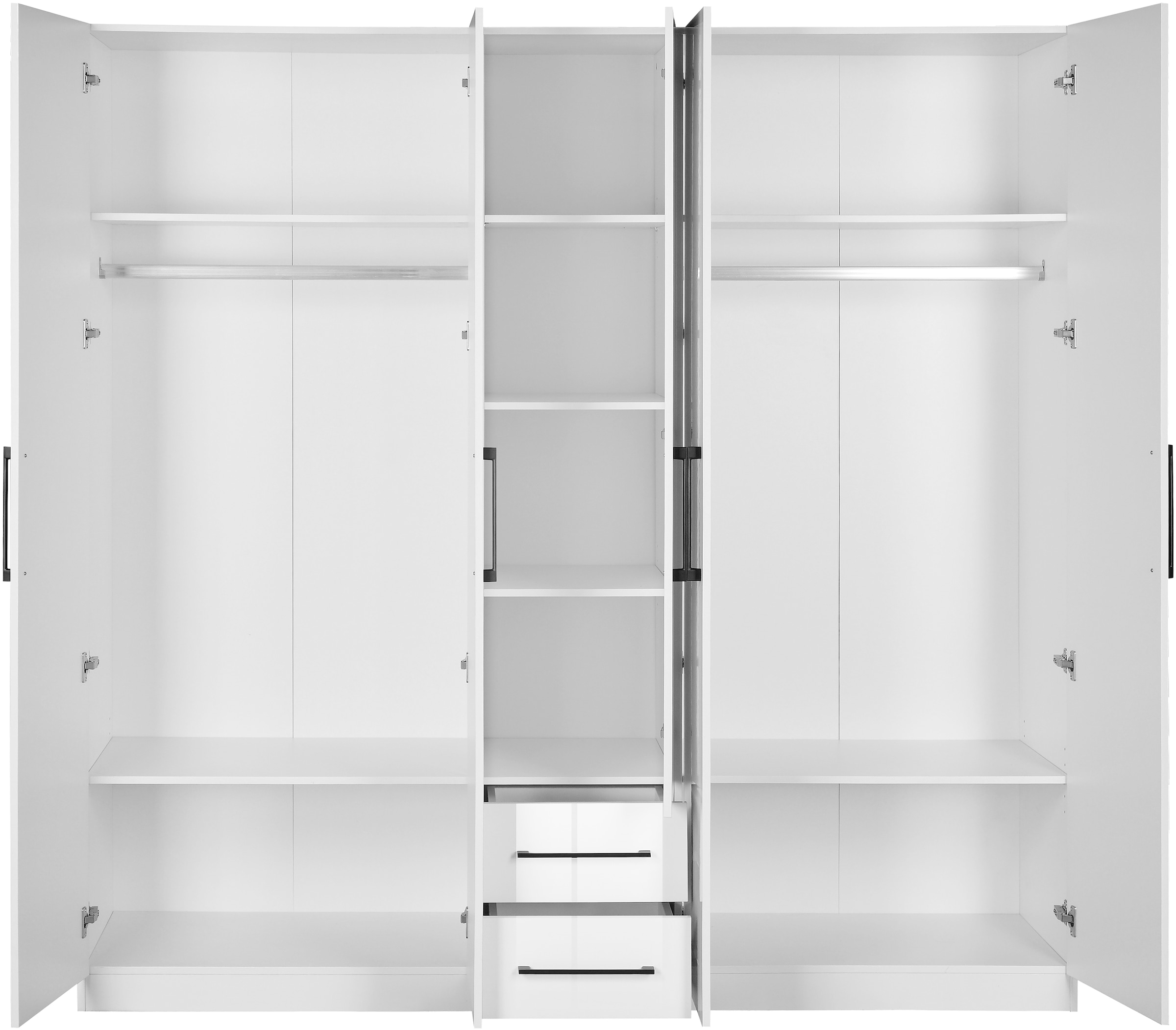 INOSIGN Kleiderschrank »Sylt Schlafzimmerschrank Garderobe Schrank TOPSELLER in hochglanz weiss«, (5 Türen, 2 Schubladen, schwarze moderne Griffe, 7 Einlegeböden), Drehtürenschrank mit perfekter Innenausstattung, Breite 200cm