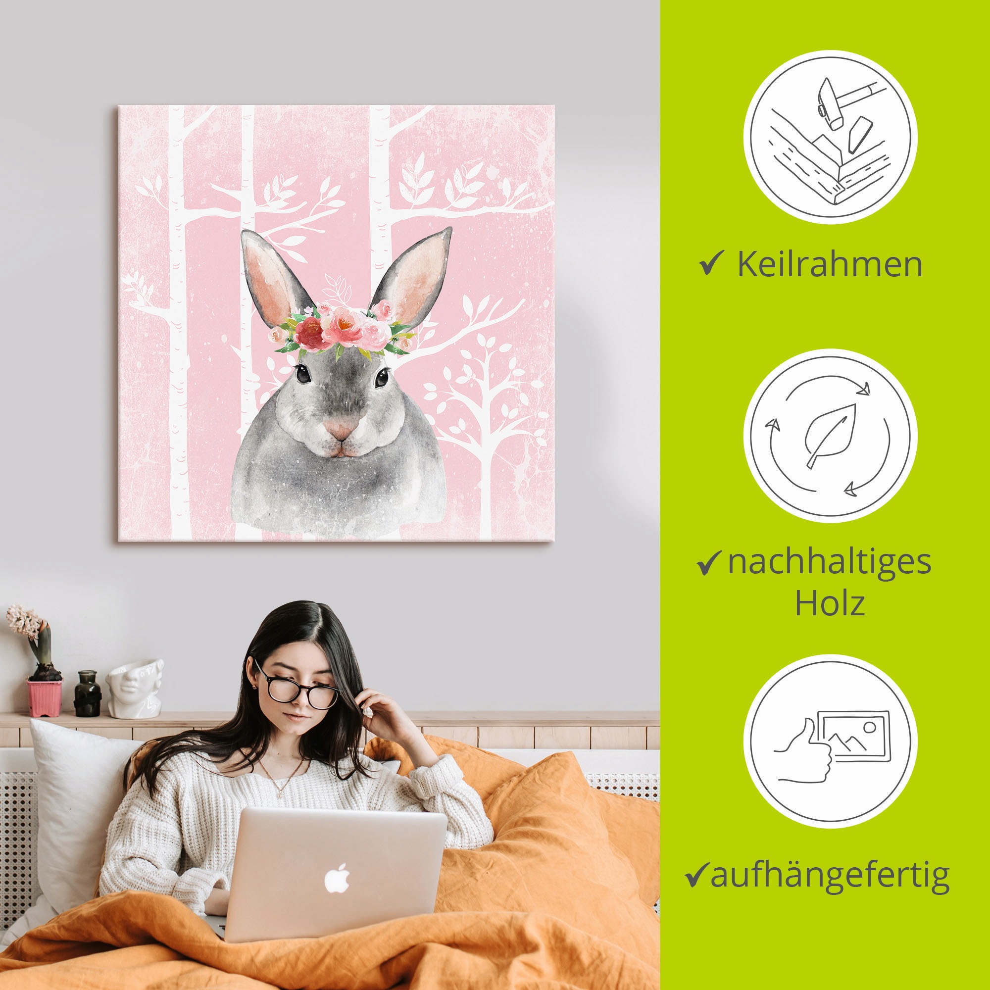 Artland Leinwandbild »Hase mit Blumen im pink Wald«, Tiere, (1 St.), auf Keilrahmen gespannt
