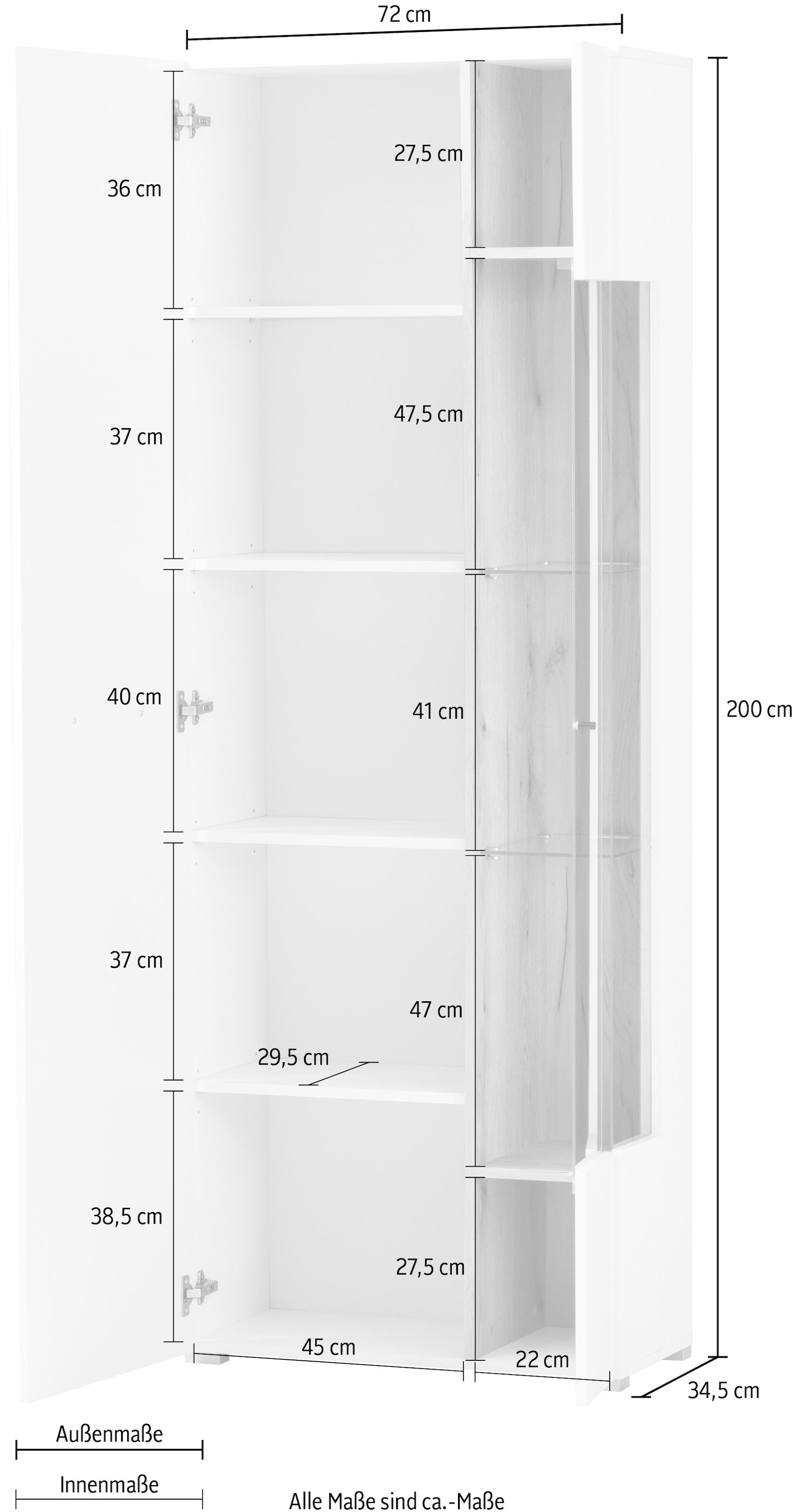 INOSIGN Vitrine »Salerno Hochschrank, Glasvitrine, Weiss mit Eiche Evoke Dekor, modern.«, Metallgriffe, ausreichend Stauraum, vielseitig einsetzbar, 72 cm breit