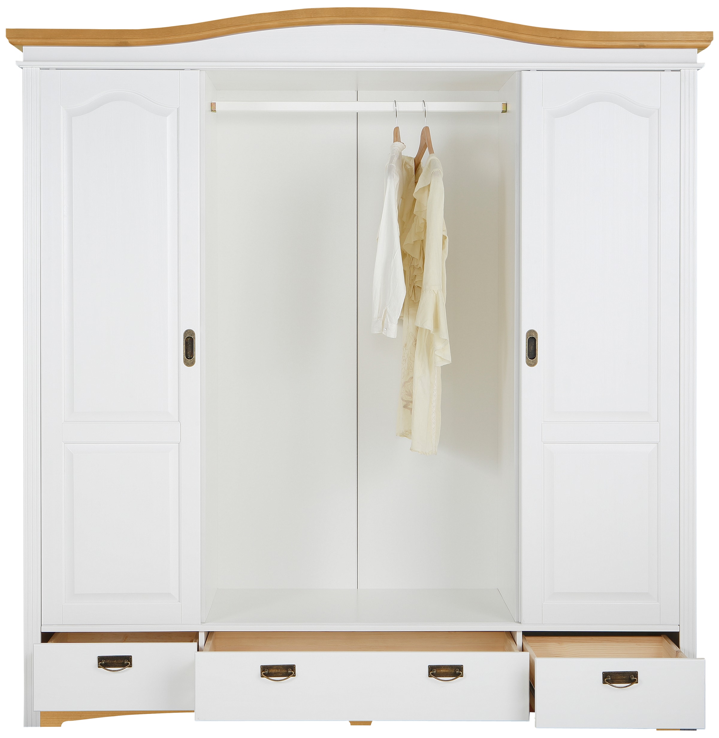 Home affaire Schiebetürenschrank »Konrad, Landhausstil, rustikal, mit Schubladen + Spiegel, Kassetten«, (3 Breiten: 153/202/249 cm H/T ca.207/64 cm), massive Kiefer, FSC®-zertifiziert, Messinggriffe, mehrere Varianten
