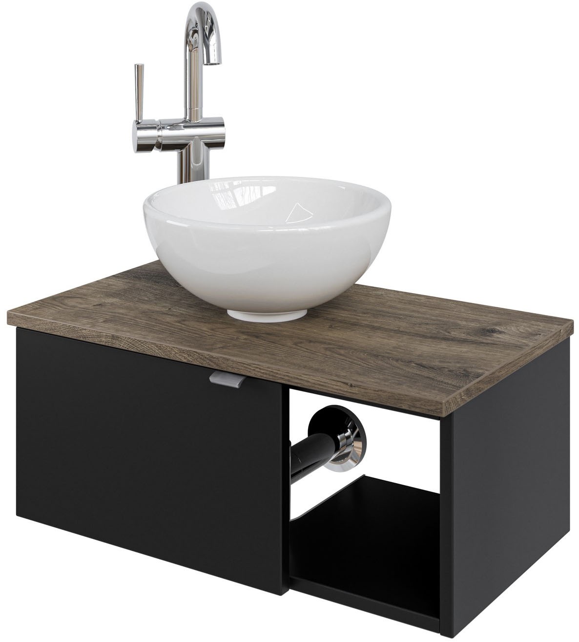 Saphir Waschtisch "Serie 6915 Waschschale mit Unterschrank für Gästebad, Gäste WC" Keramik-Aufsatzbecken, Waschtischplatte, Waschtischunterschrank, 3 Stk. tlg. 61 cm mit Keramik-Aufsatzbecken, 1 Tür und 1 Fach