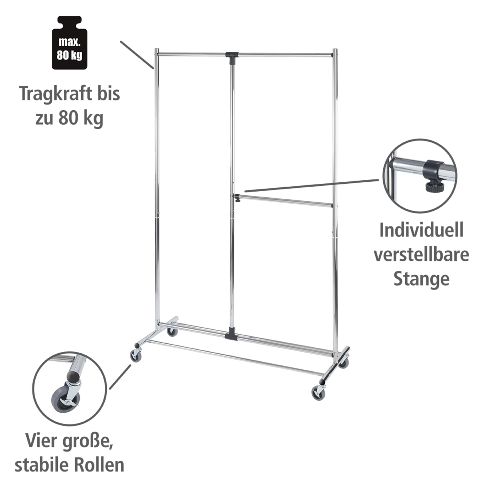 WENKO Kleiderständer »Modell Profissimo«, Garderobenständer mit 4 Rollen und verstellbaren Kleiderstangen