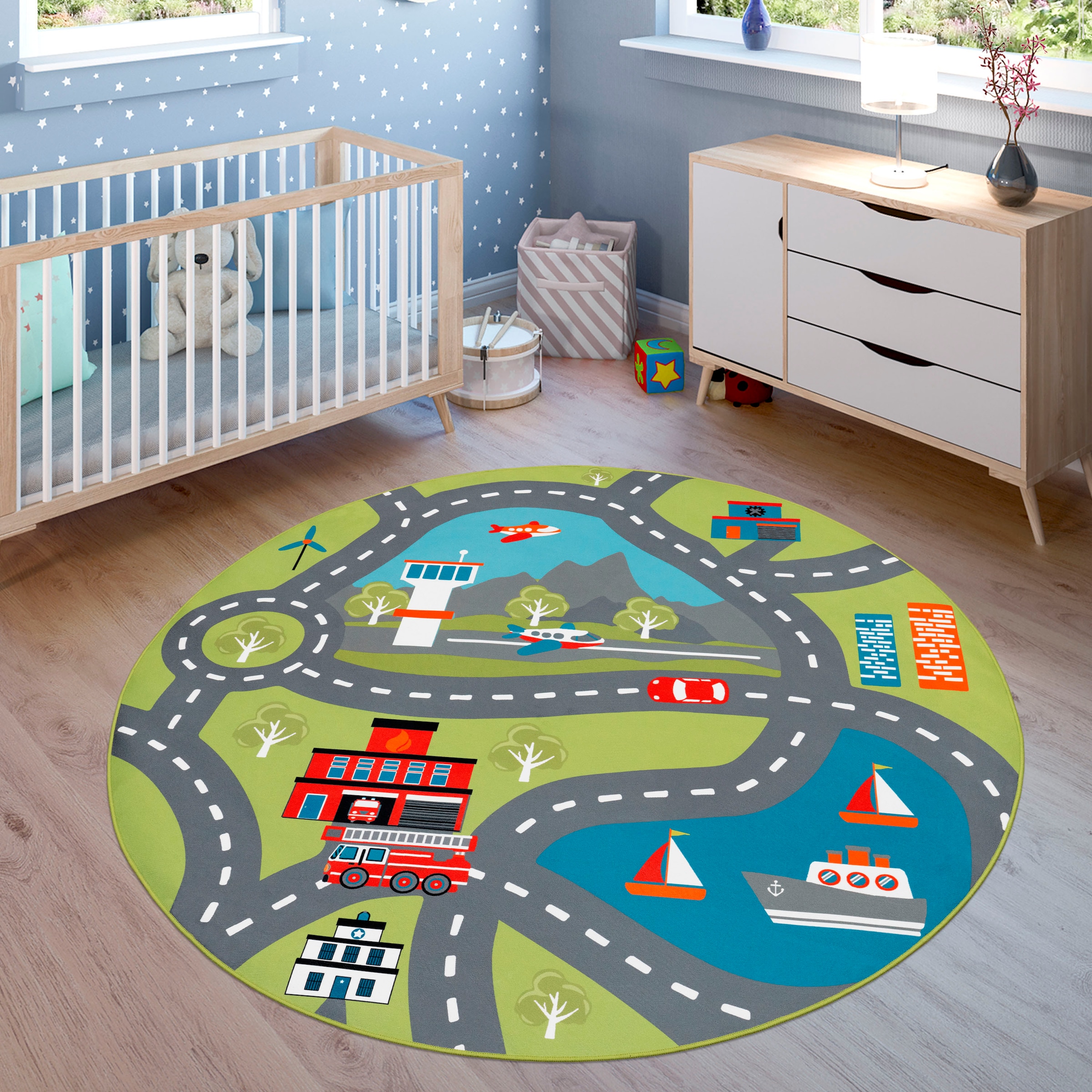 Paco Home Kinderteppich »Bino Kinderzimmer Strassen-Spiel-Teppich, online | shoppen 562«, Flughafen, Kurzflor, Jelmoli-Versand rund, Motiv