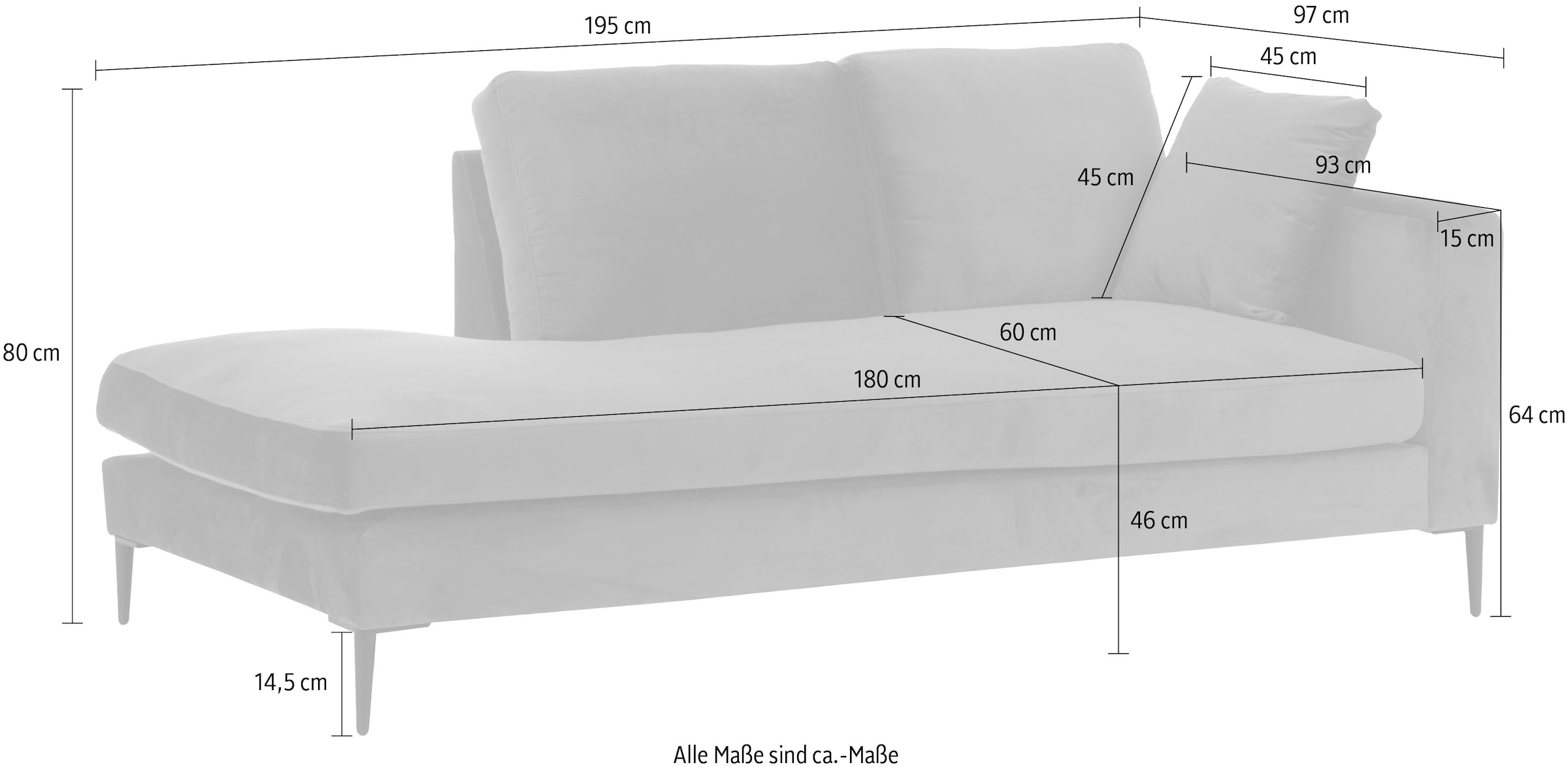Leonique Recamiere »Cozy Chaiselongue, Masse B/T/H: 195/97/80 cm«, mit losen Kissen und Metallbeinen, Armlehne links oder rechts wählbar