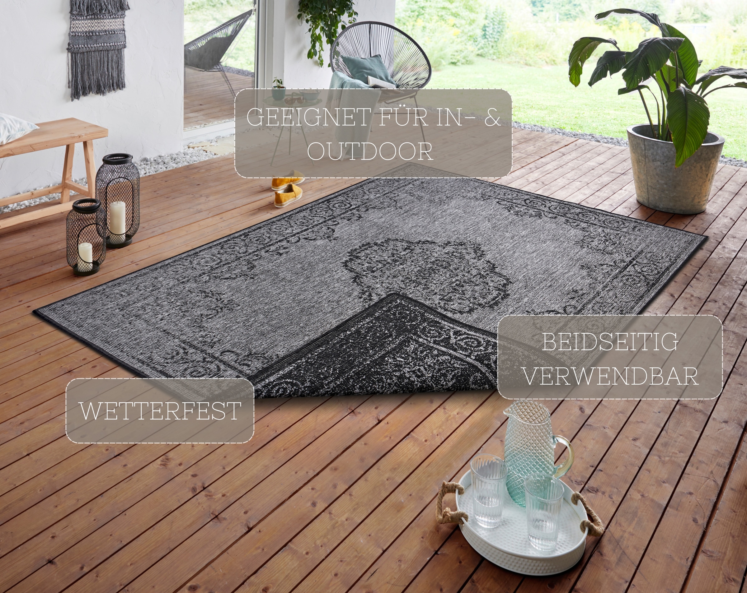 NORTHRUGS Teppich »CEBU Wendeteppich«, rechteckig, 5 mm Höhe, In-& Outdoor, Wetterfest, Balkon, Wohnzimmer, Wasserfest, Orientalisch