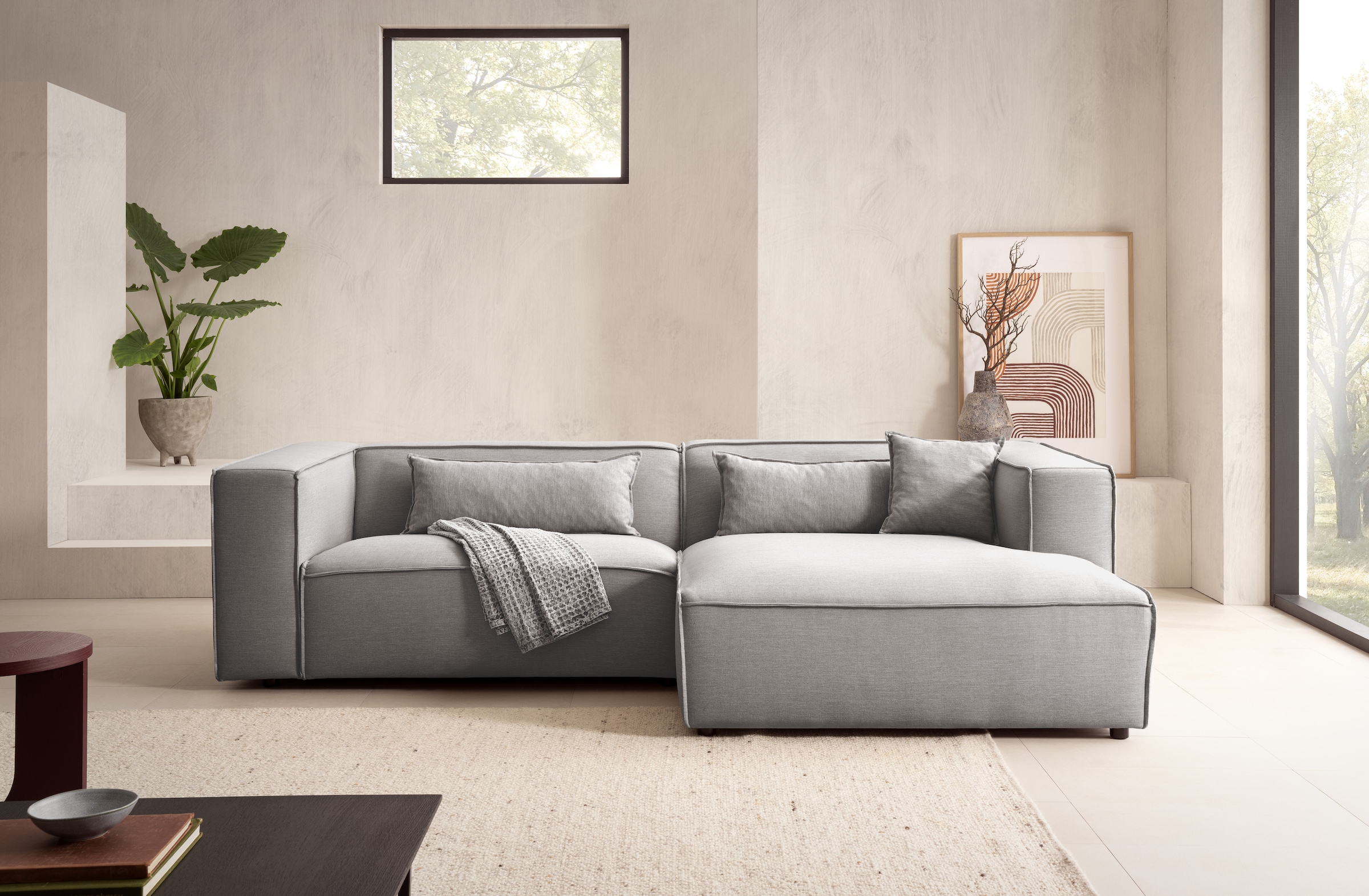 LeGer Home by Lena Gercke Ecksofa »PIARA mit Kedernaht in Cord oder Leinenoptik, moderne Couch in L-Form«, wahlweise Ottomane rechts/links, schwarze Füsse, bequemer Sitzkomfort