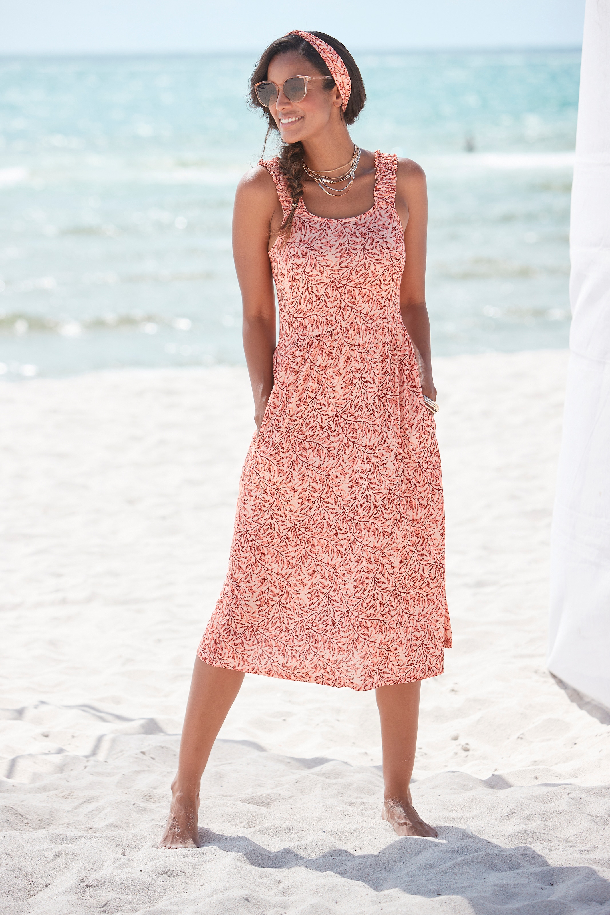 Beachtime Jerseykleid, mit Blätterdruck und Taschen, leichtes Strandkleid, Sommerkleid