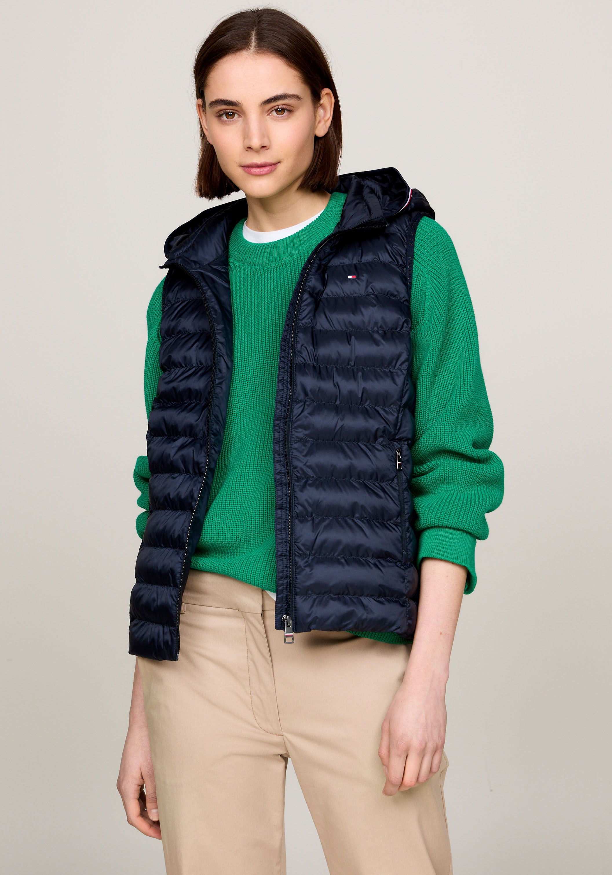 Tommy Hilfiger Damen Desert_sky Steppweste "Lw Padded Global Stripe Vest" Global Serie Th Women, Abnehmbare Kapuze, Übergangsweste