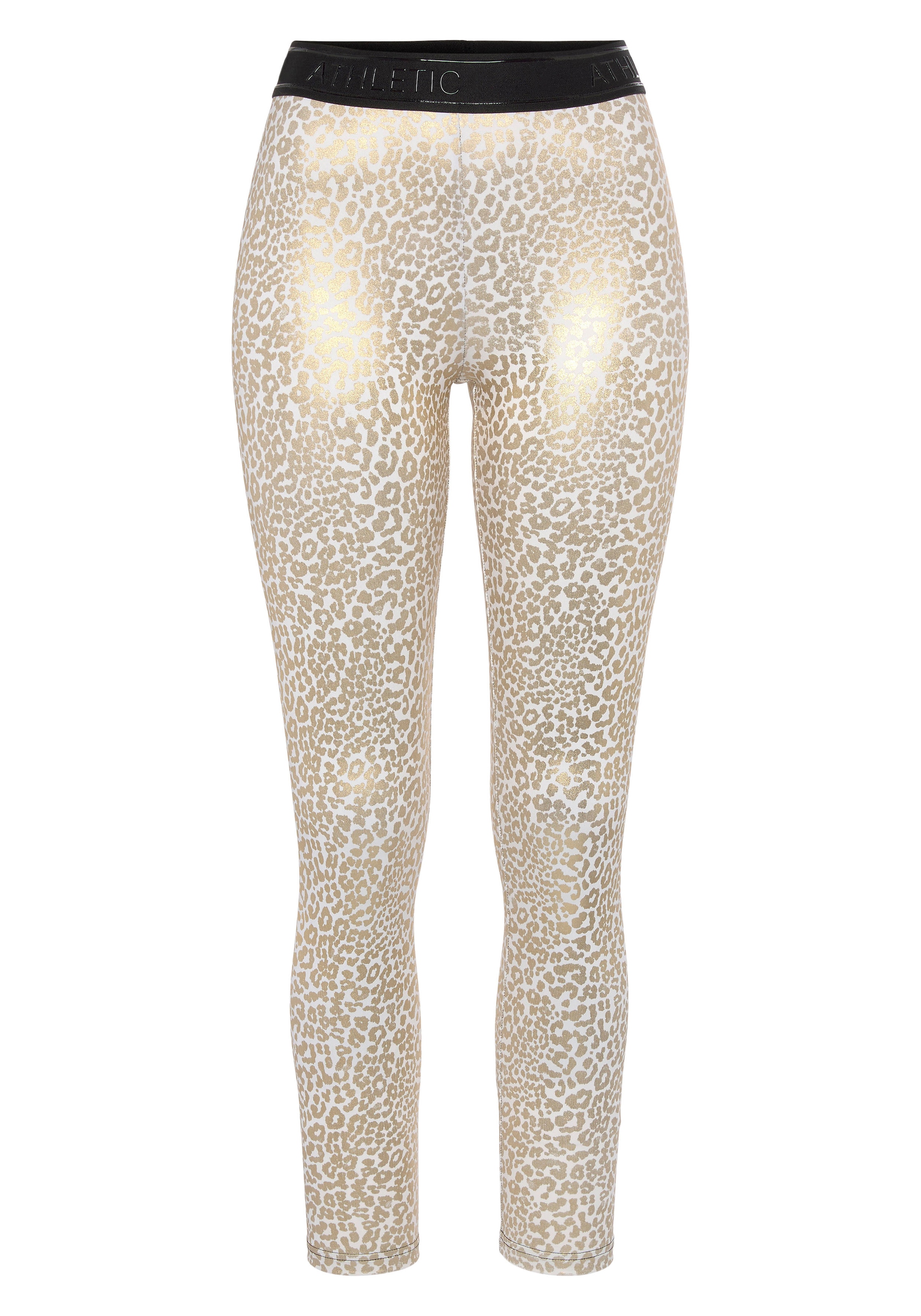 LASCANA ACTIVE Funktionsleggings, Sportleggings mit glänzendem Leomuster und 3D-Schriftzug auf dem Bund