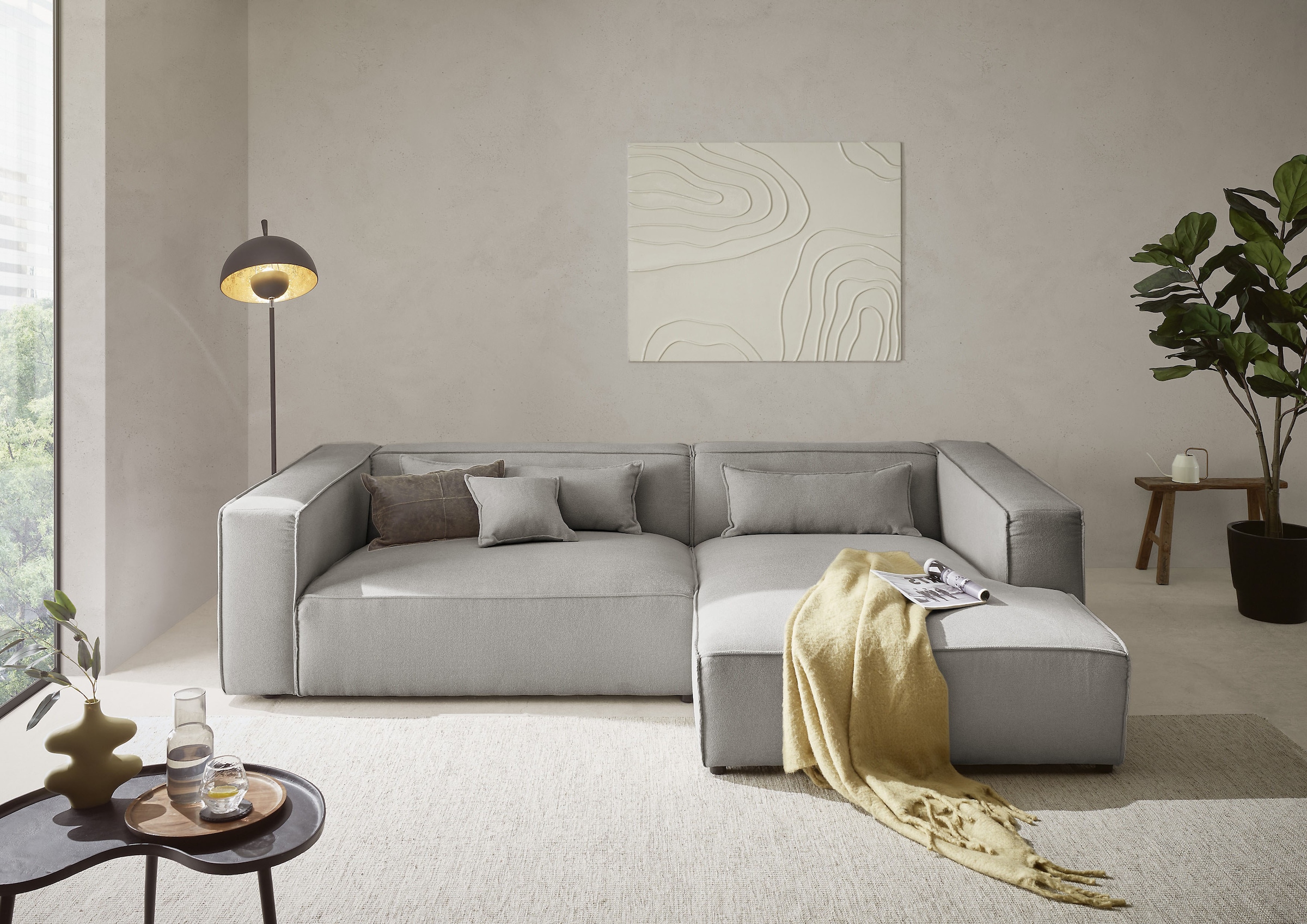 LeGer Home by Lena Gercke Ecksofa »PIARA XXL, Big-Sofa in Cord oder Leinenoptik, L-Form, mit Kedernaht«, wahlweise Ottomane rechts/links, schwarze Füsse, extra tiefe Sitzfläche