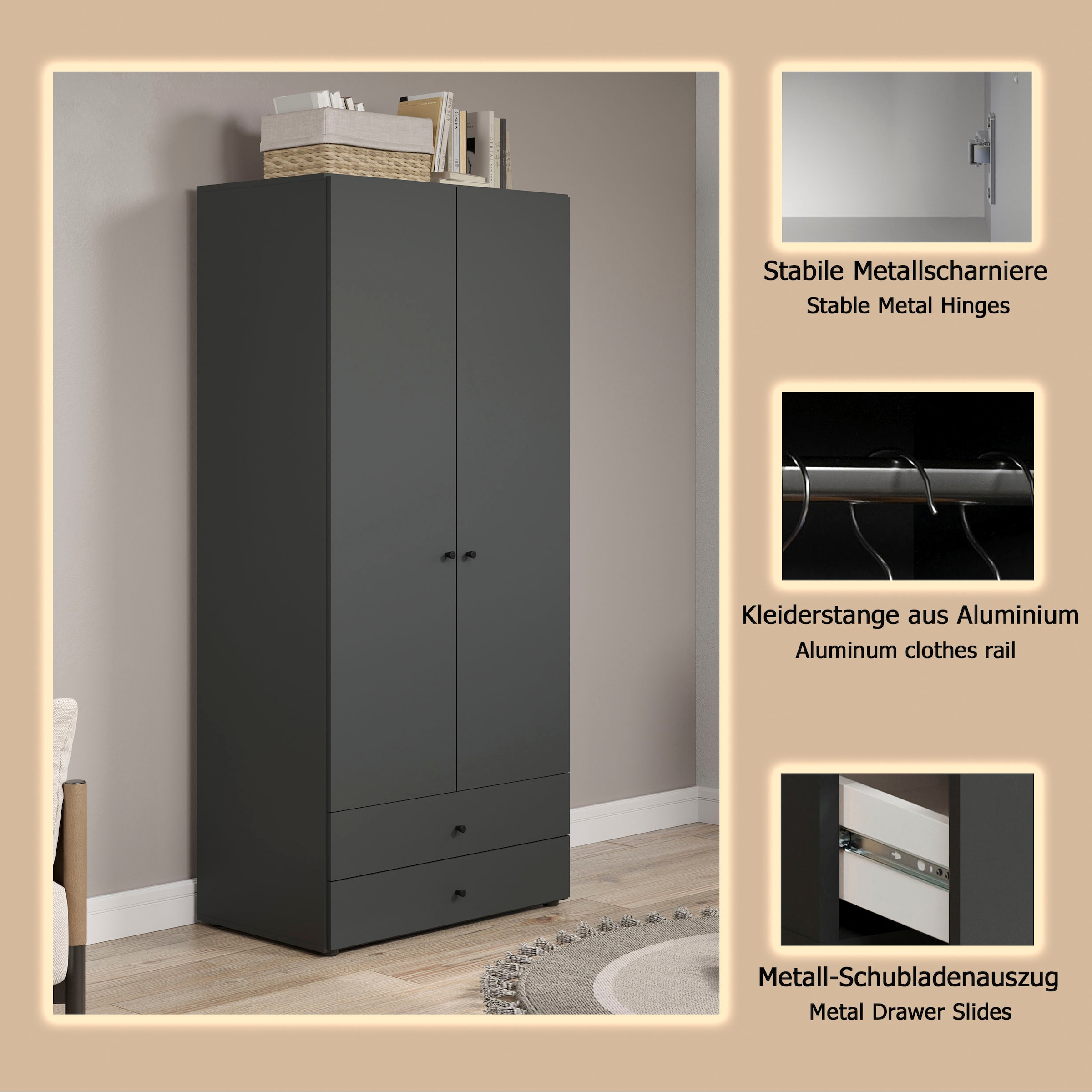INOSIGN Kleiderschrank »Jersey Schlafzimmerschrank Garderobe Bestseller Schrank«, (1 St., Drehtürenschrank mit modernen Griffen Otto´s Choice), Drehtürenschrank mit 2 Schubladen - (B/T/H) 85/52/188 cm