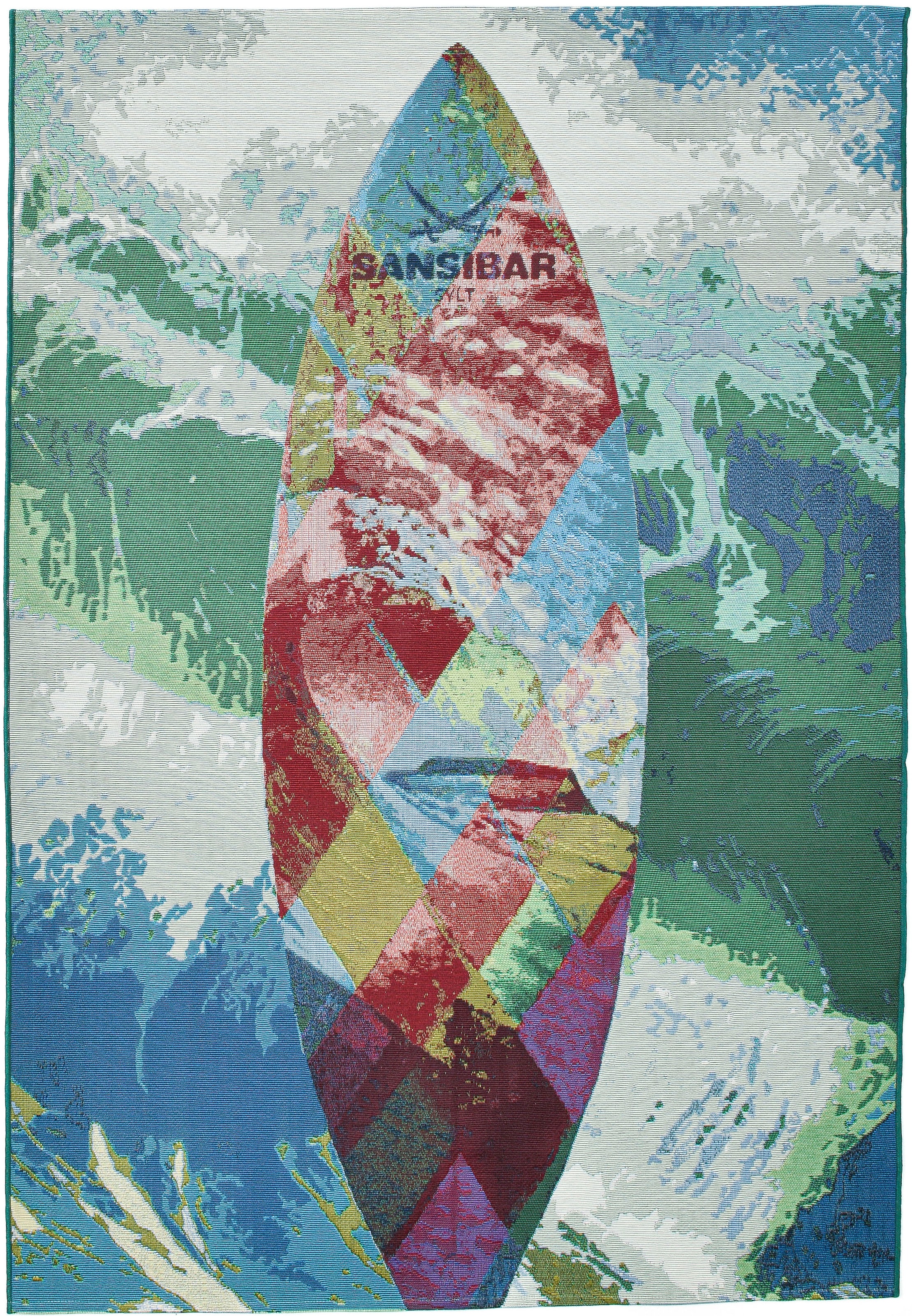 Sansibar Teppich »Rantum Beach SA-024«, rechteckig, 5 mm Höhe, Flachgewebe, modernes Design, Motiv Surfboard, In- & Outdoor geeignet