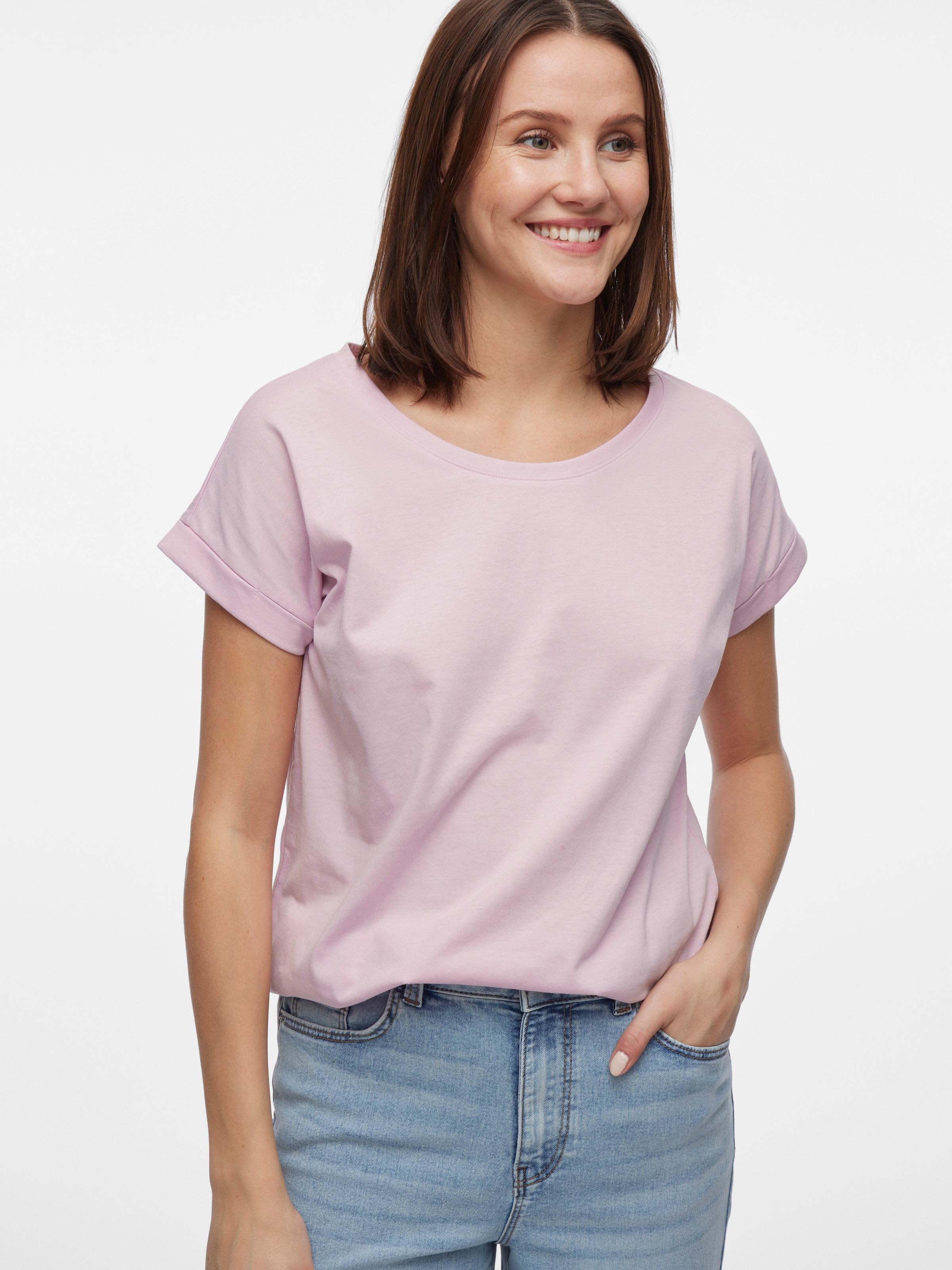 Vila Rundhalsshirt »VIDREAMERS NEW PURE T-SHIRT/SU-NOOS«, Basic Damen-T-Shirt mit Rundhalsausschnitt und umgeschlagenen Ärmeln