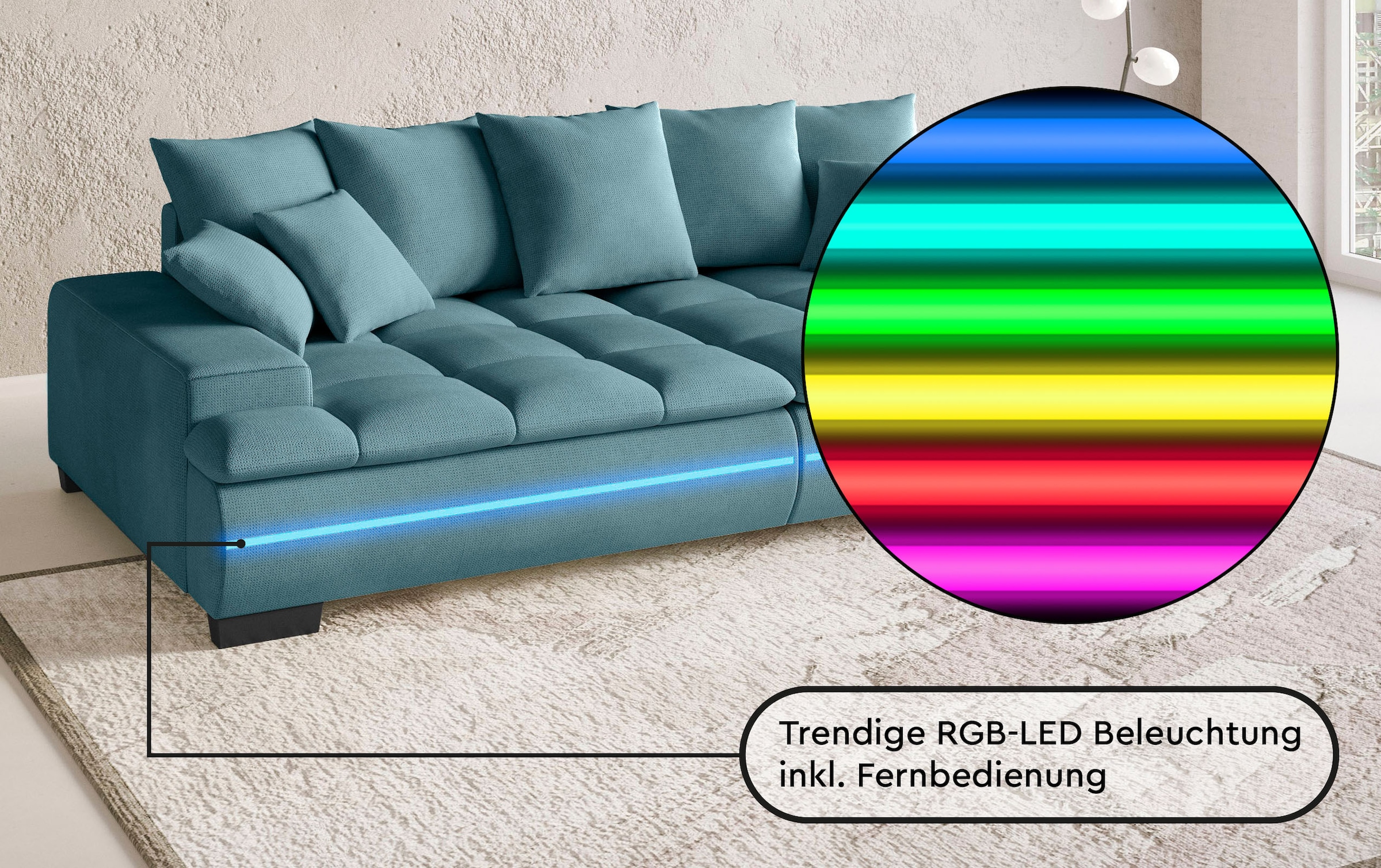 Mr. Couch Big-Sofa »Haiti II RGB-LED«, RGB-LED Beleuchtung, mit Handwerklich gearbeiteter Komfort-Steppung