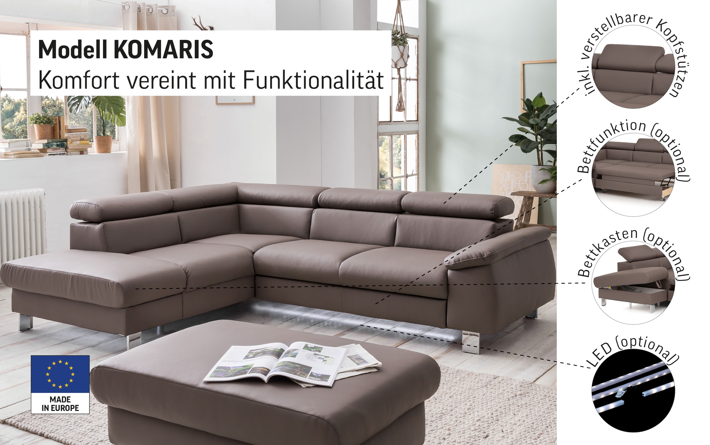 COTTA Ecksofa »Komaris L-Form, B: 249 cm«, mit Kopfteilverstellung, optional Bettfunktion, Bettkasten & Licht