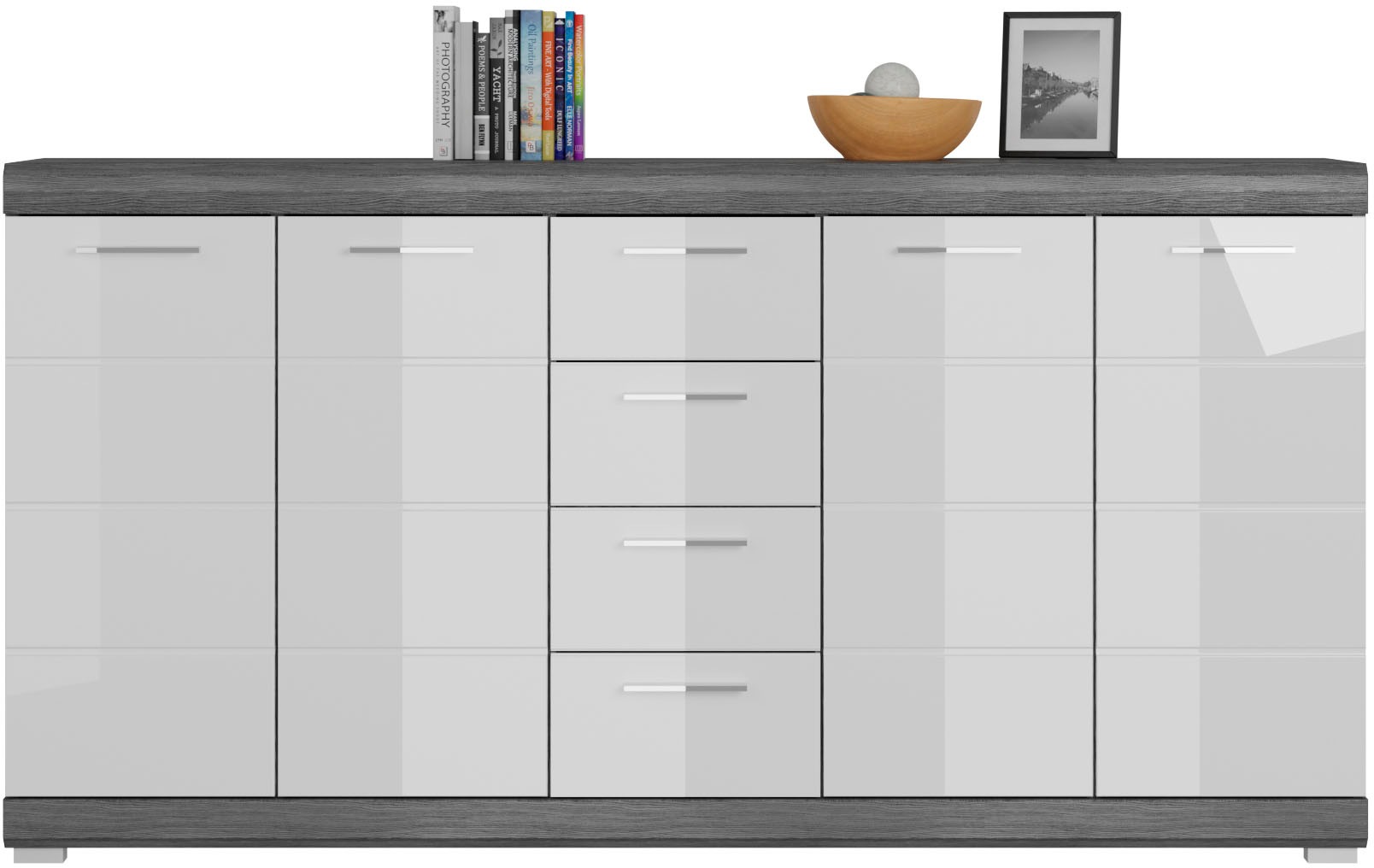 Home affaire Kommode "SIENA, Breite 165cm, 4 Türen, 4 Schubkästen, 8 Einlegeböden, 12 Fächer" hochwertige Rillenfräsung in MDF Front, Schuhkommode, Schuhschrank, Anrichte, Sideboard