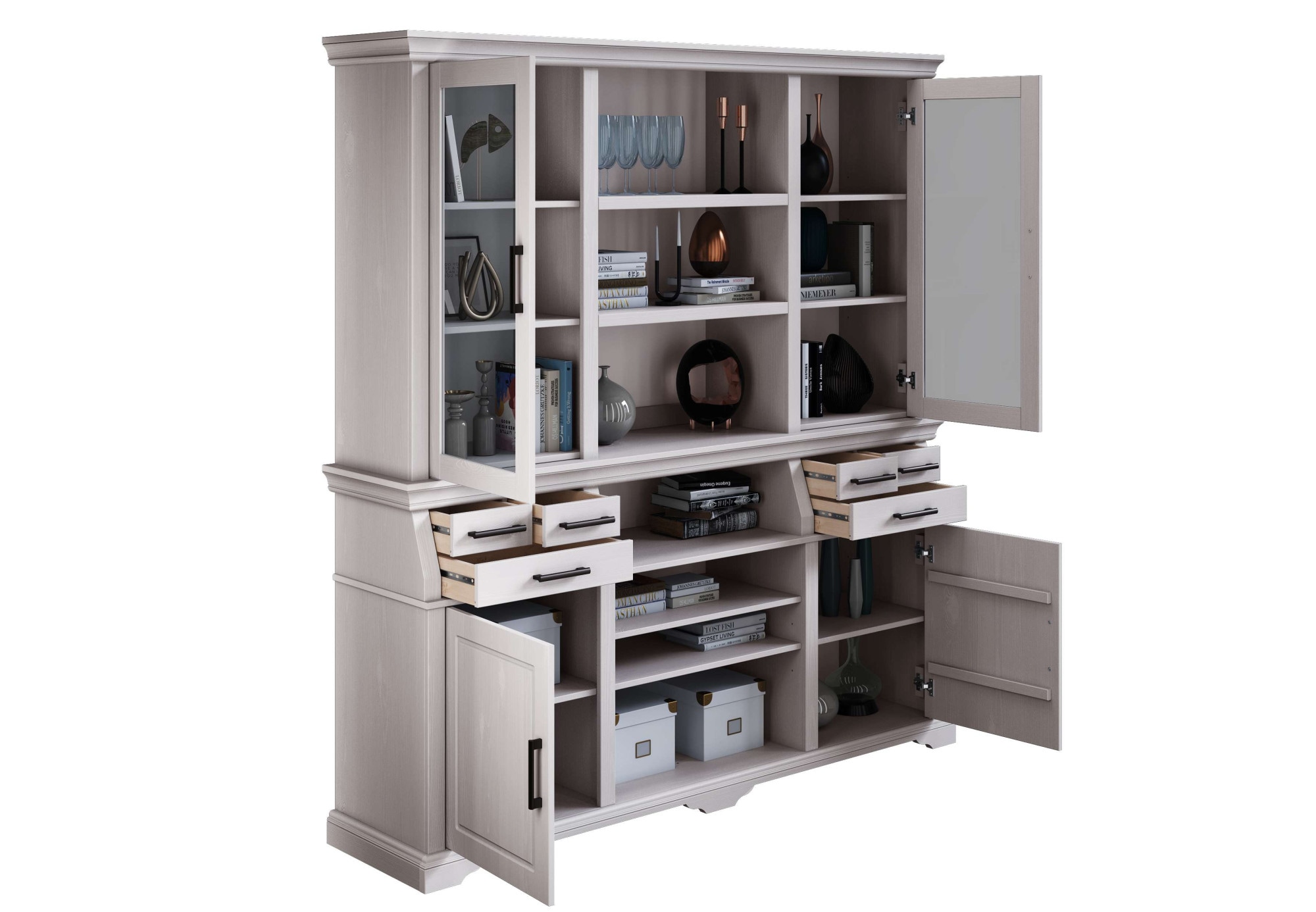 Home affaire Buffet »Anabel, mit Glastüren und schwarzen Metallgriffen«, zertifiziertes Massivholz, Breite 186 cm, im Landhausstil