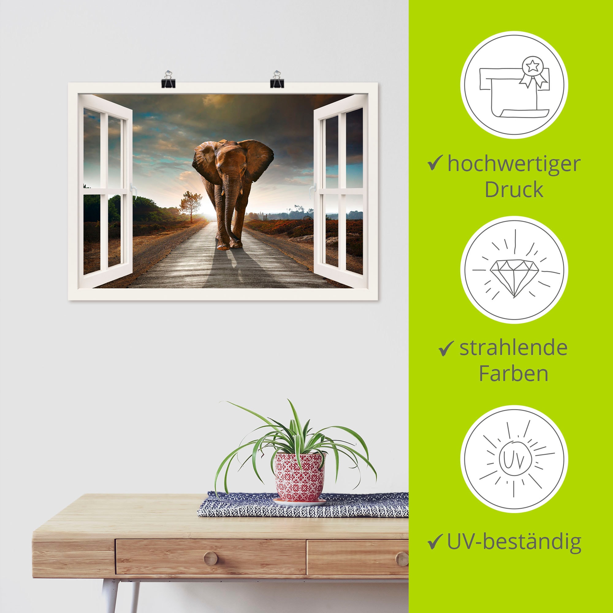 Artland Wandbild »Elefant auf Strasse«, Fensterblick, (1 St.), als Leinwandbild, Poster in verschied. Grössen