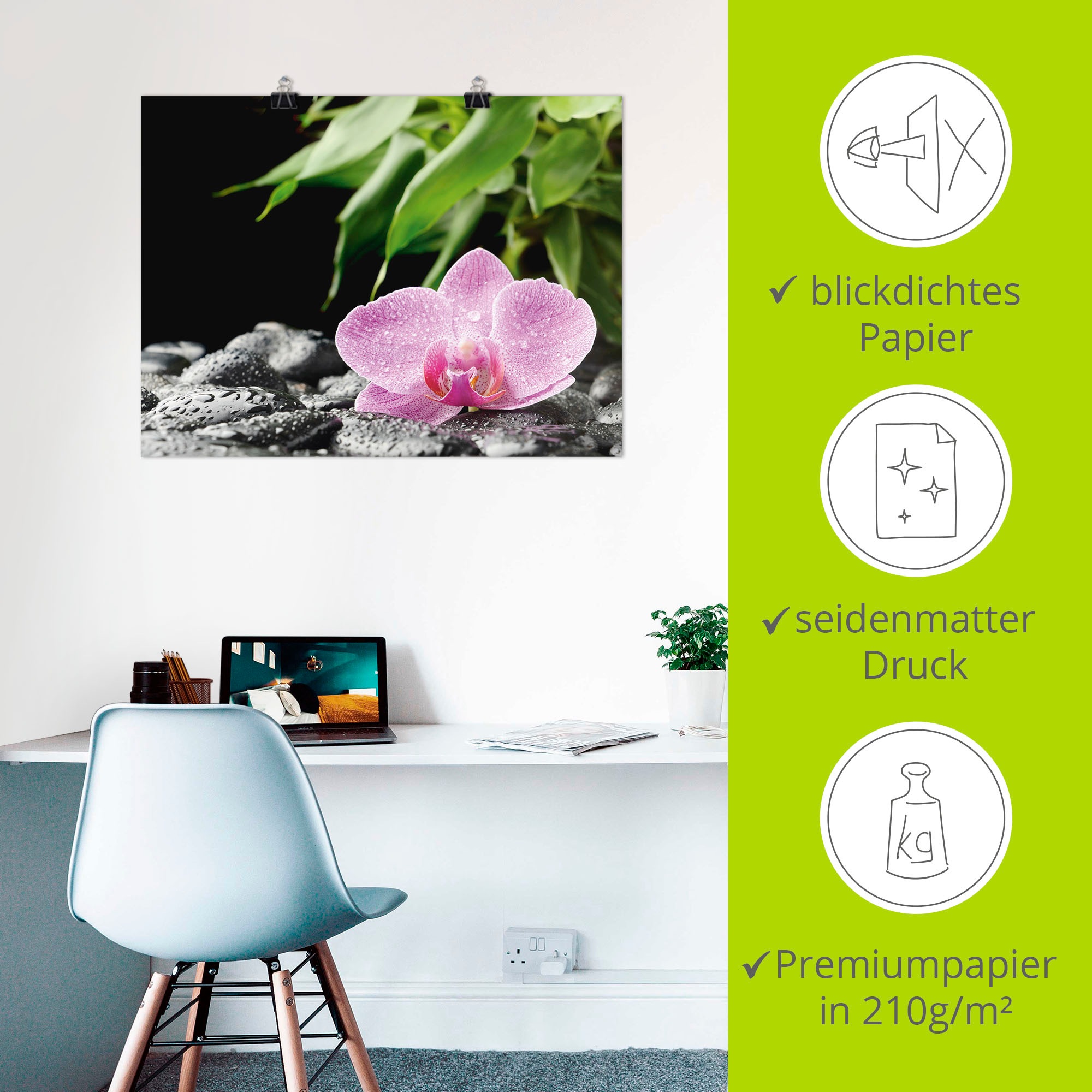 Artland Wandbild »Rosa Orchidee auf schwarzen Zen Steinen«, Blumen, (1 St.), als Leinwandbild, Poster in verschied. Grössen