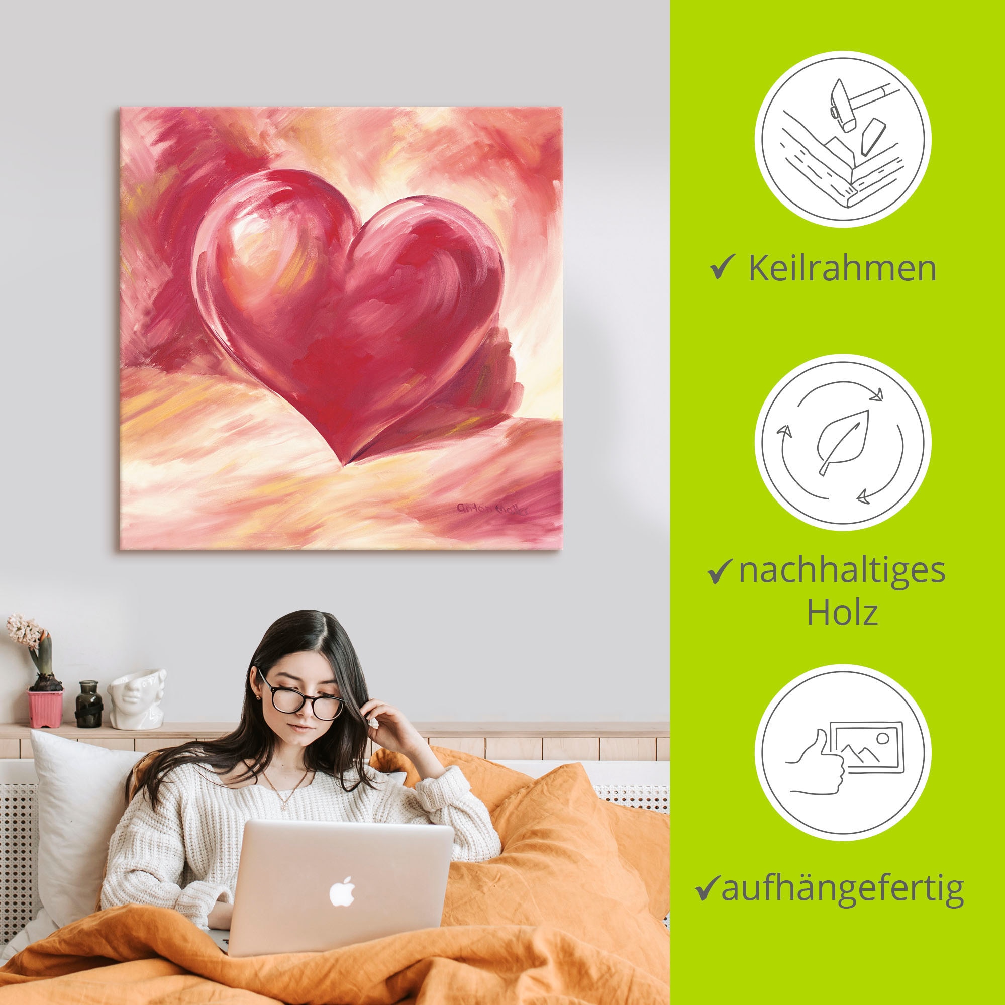 Artland Wandbild »Rosa/rotes Herz«, Herzen, (1 St.), als Alubild, Outdoorbild, Leinwandbild, Poster, Wandaufkleber