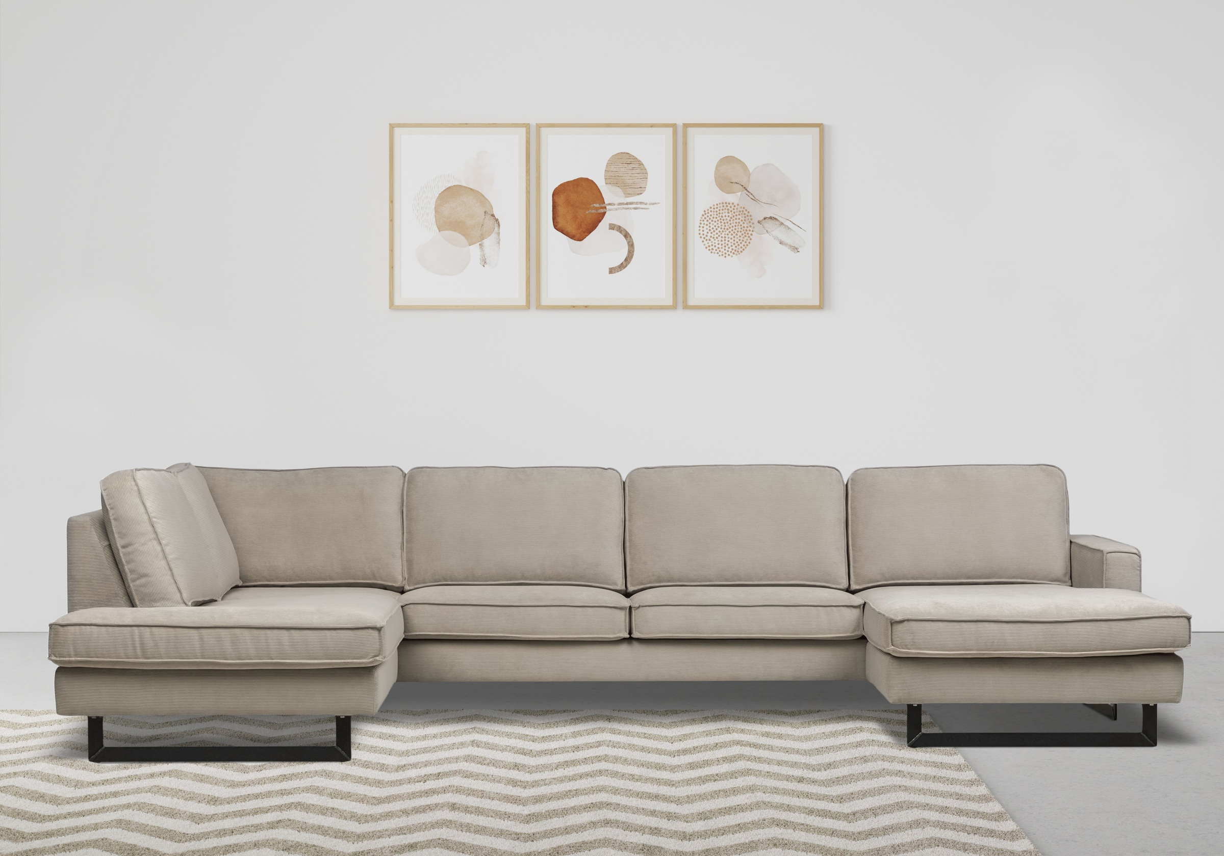 Places of Style Wohnlandschaft »Pinto, 350 cm, U-Form, XXL, mit Ottomanen«, Cord, Chenille, Lederoptik, mit Keder, Metallfüsse, Wellenunterfederung