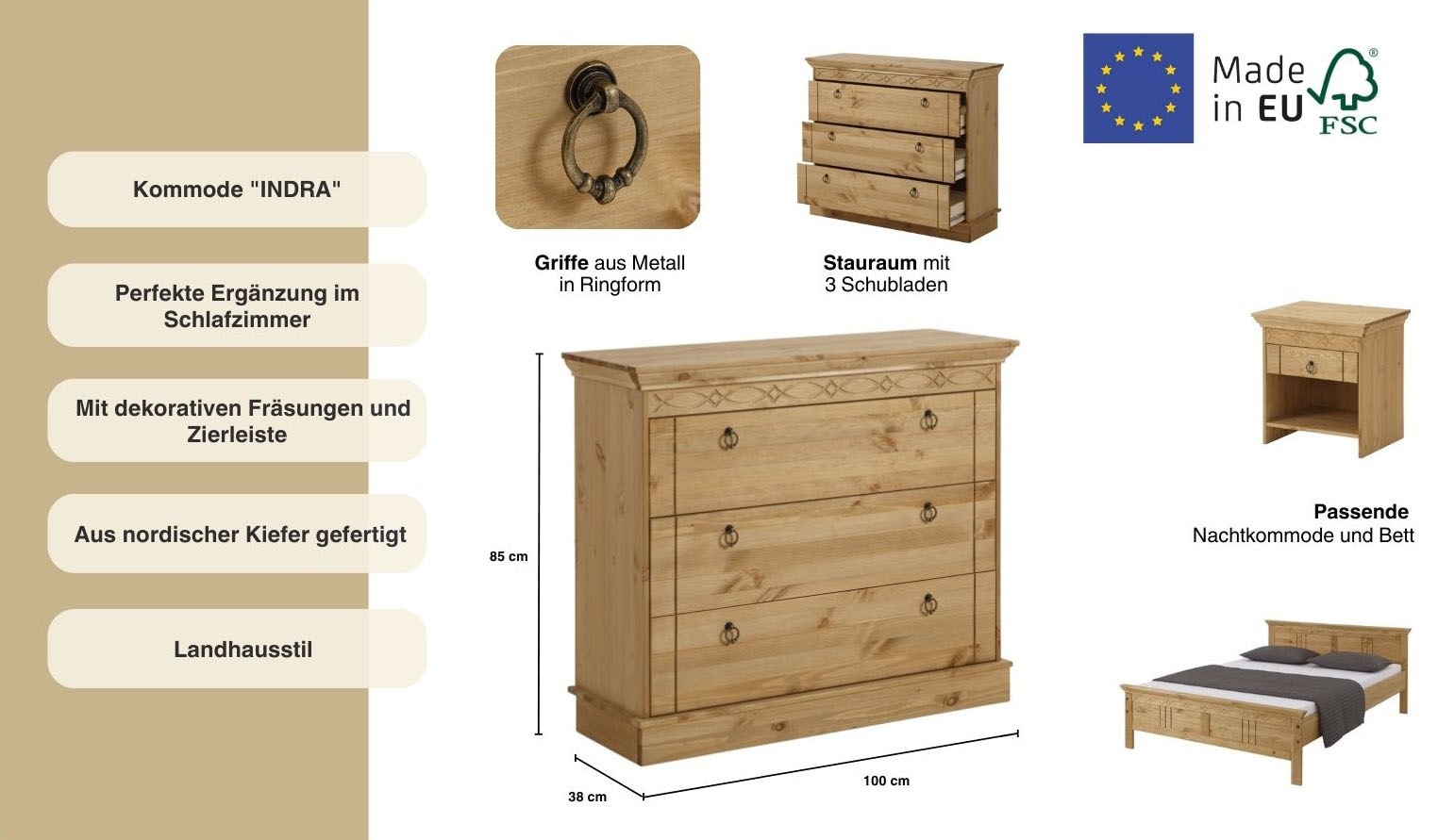 Home affaire Schubkastenkommode »Indra«, aus massiver Kiefer, mit 3 Schubladen, Breite: 100 cm