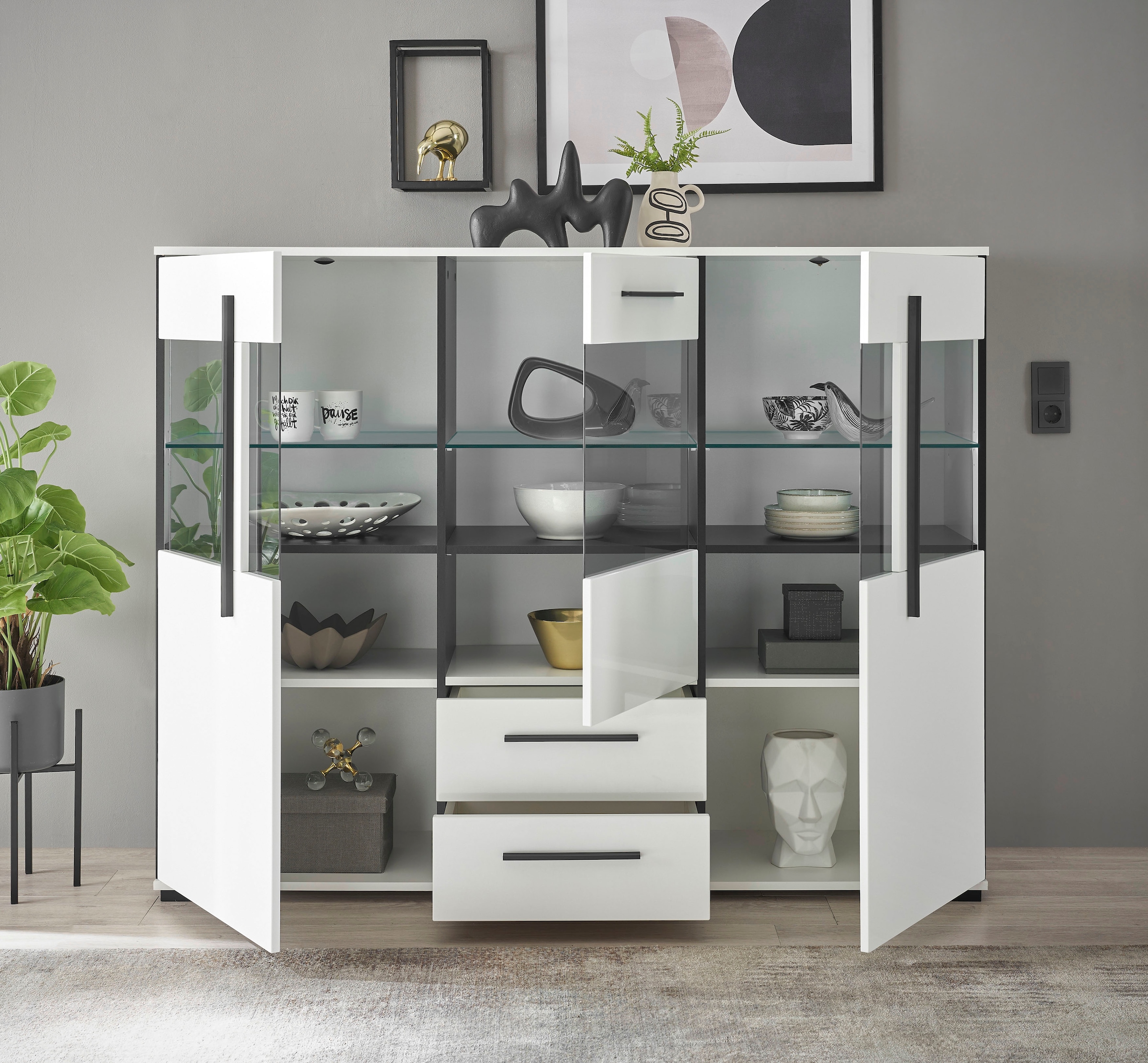 INOSIGN Highboard »Cantara, moderner Schrank, Vitrine in Eiche Dekor oder weiss«, schwarze Stangengriffe, ausreichend Stauraum, vielseitig einsetzbar