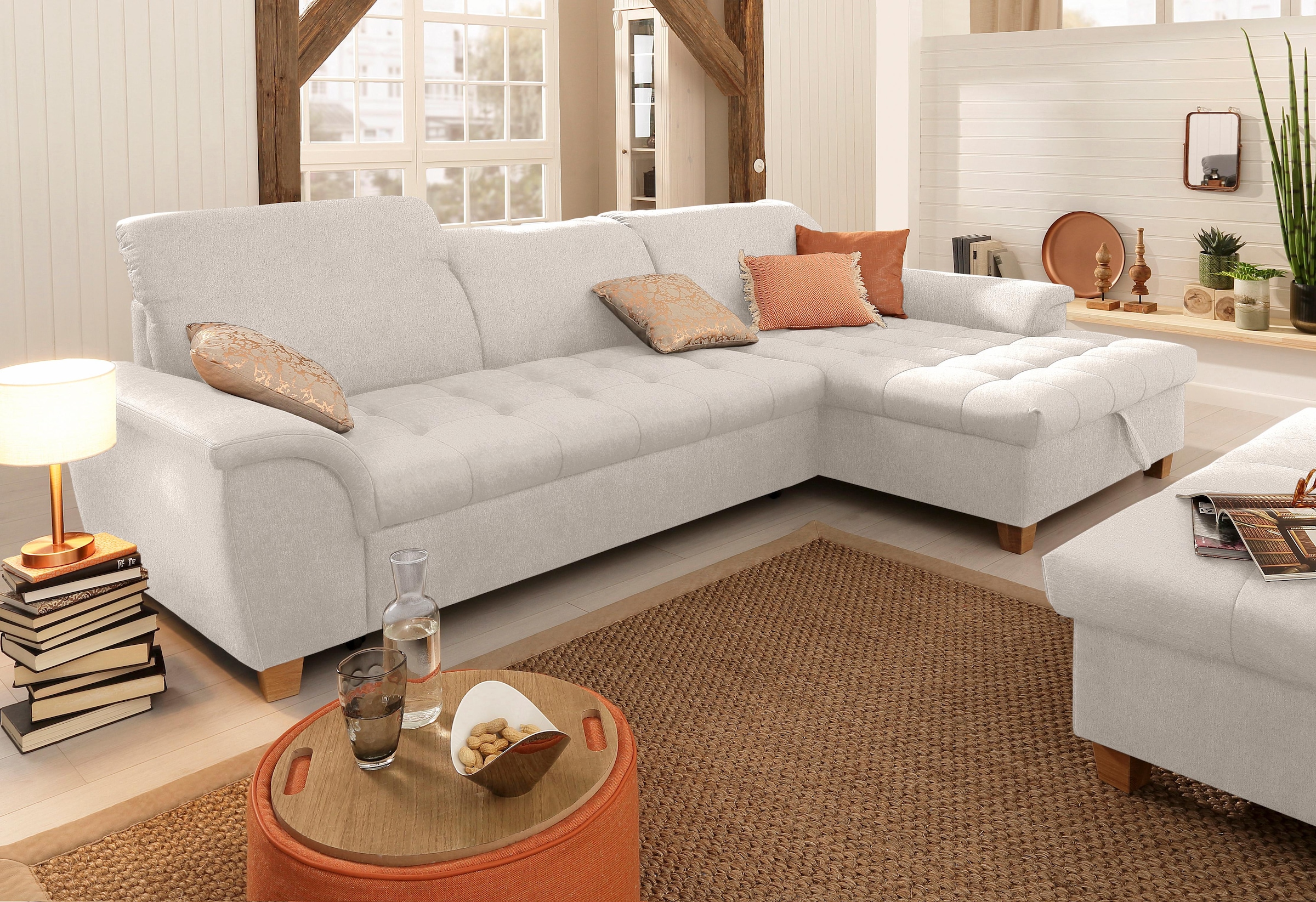 Home affaire Ecksofa "Lyla fester Sitzkomfort, bequeme Armlehnen, Breite 279cm, L-Form" mit Recamiere, wahlweise mit Rückenfunktion und zusätzlich mit Bett