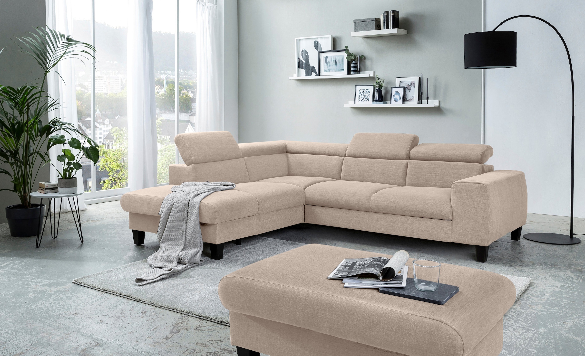 COTTA Polstergarnitur »Morven L-Form«, (Set), Set bestehend aus: Ecksofa mit Kopfteilverstellung & Hocker