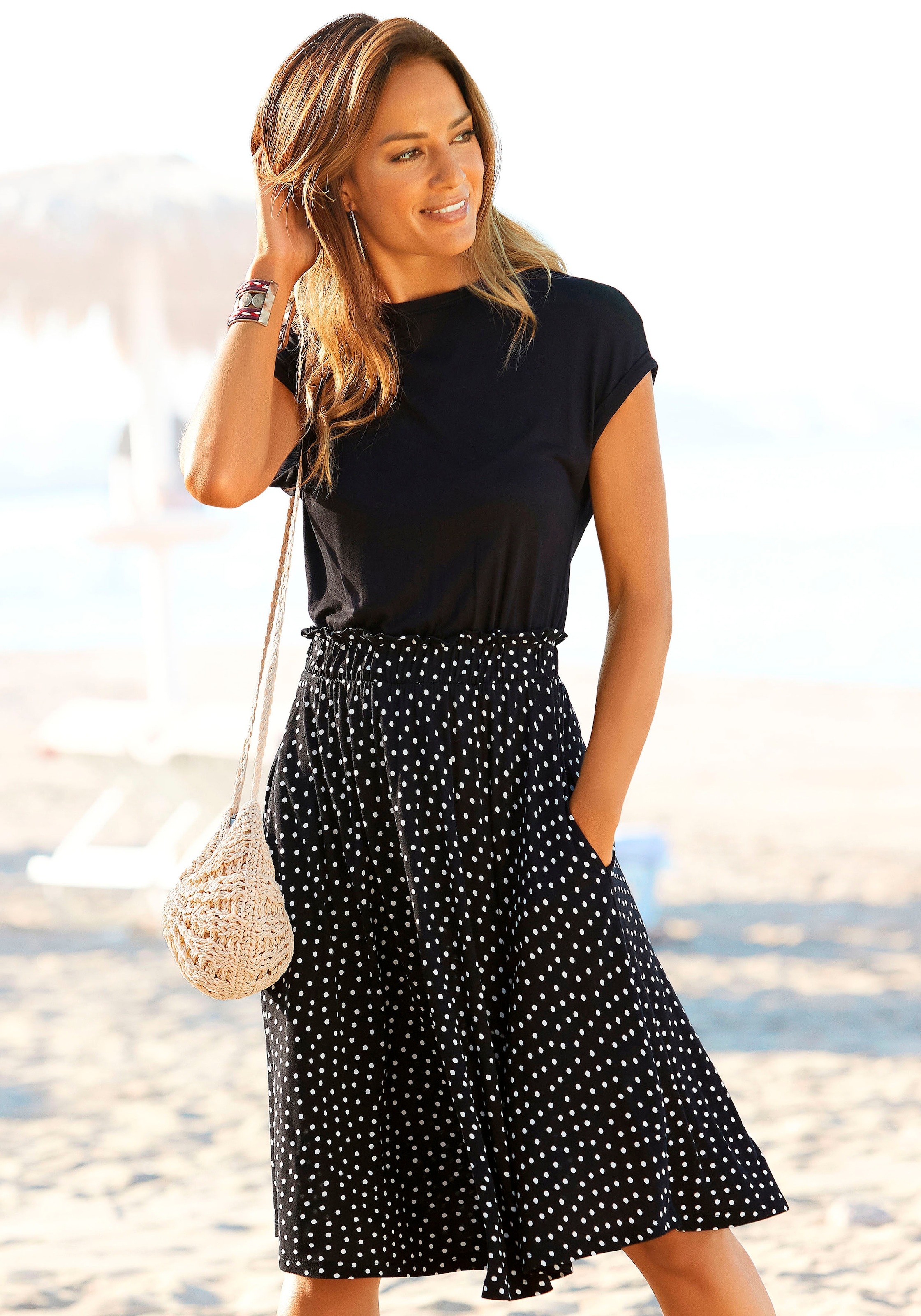 Jerseykleid, mit Paperbag-Bund und Taschen, Druckkleid, sommerlich, elegant