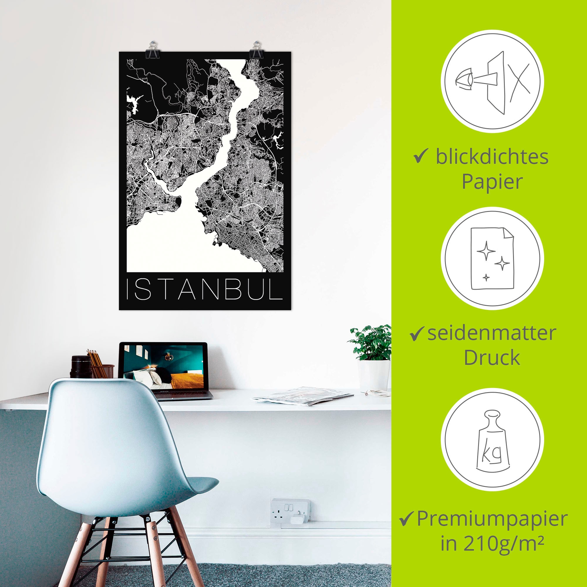 Artland Poster »Retro Karte Istanbul Schwarz & Weiss«, Landkarten, (1 St.), als Alubild, Leinwandbild, Wandaufkleber oder Poster in versch. Grössen