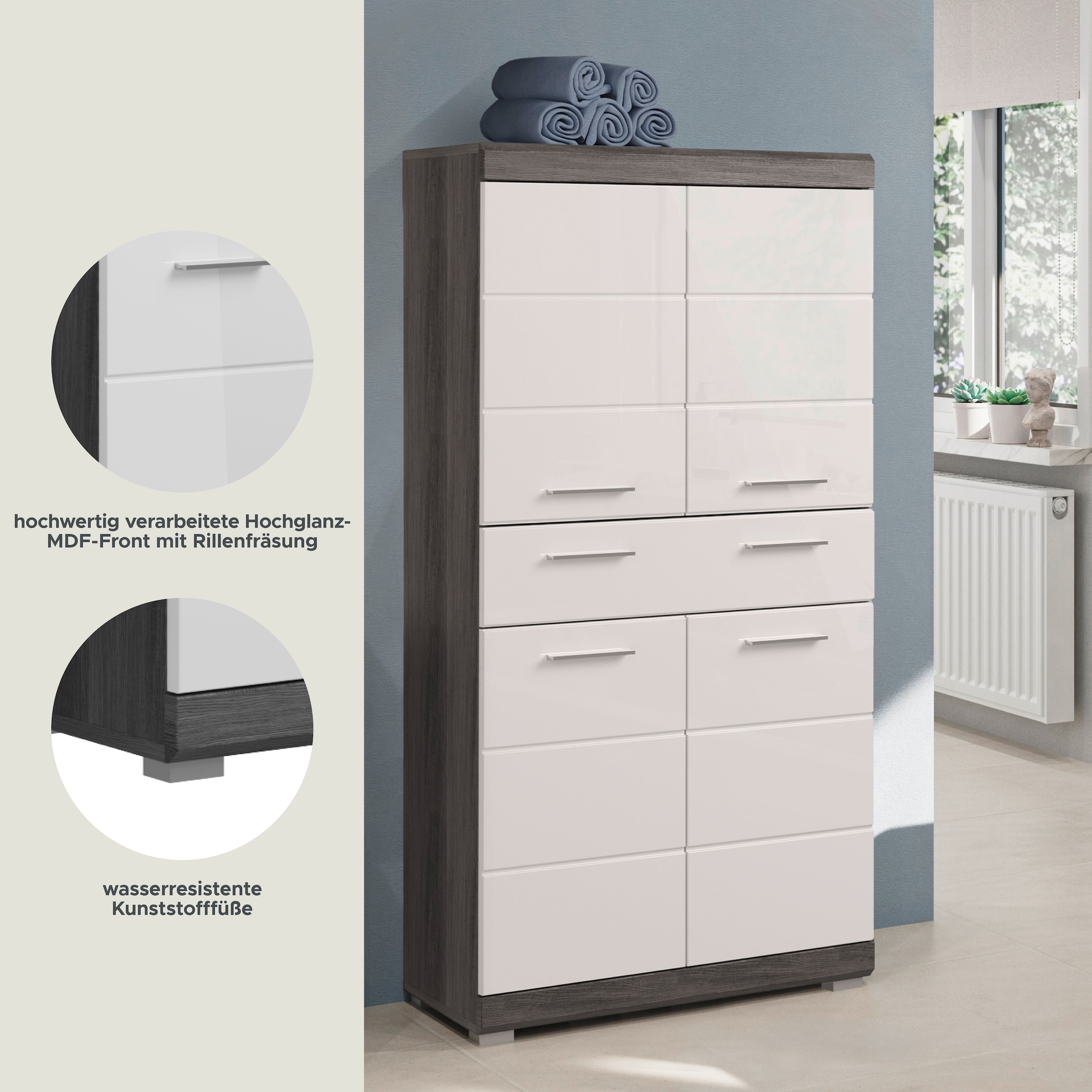 INOSIGN Midischrank »Siena, Breite 74cm, 4 Türen, 1 Schubkasten, 4 Fächer, MDF-Front«, in verschiedenen Farben erhältlich, Badmöbel, Badschrank, Schrank, Bad