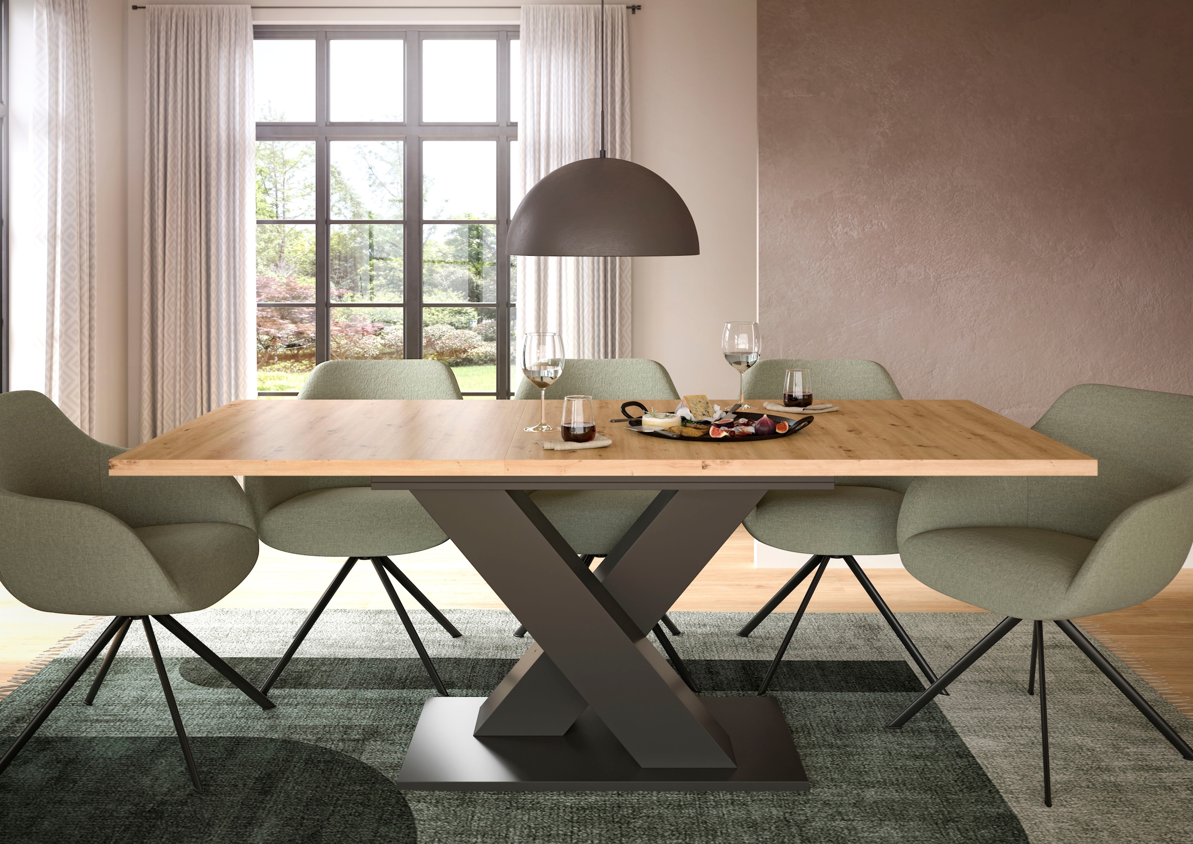INOSIGN Esstisch »Motus, ausziehbar 150 -190 cm, inklusive 40 cm Einlegeplatte«, (Set, 1 St.), X-Gestell mit Bodenplatte, Tisch, Küchentisch, Esszimmer, Küche