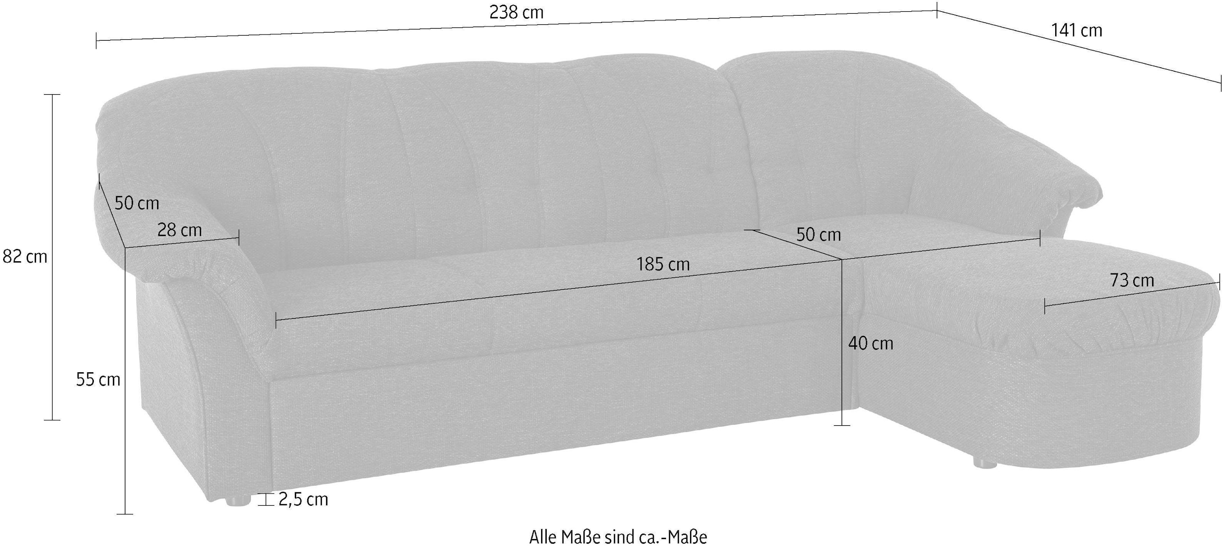 DOMO collection Ecksofa »Pegnitz, elegante Rückensteppung, kompakte Stellmasse 238/141cm, L-Form«, wahlweise mit Bettfunktion
