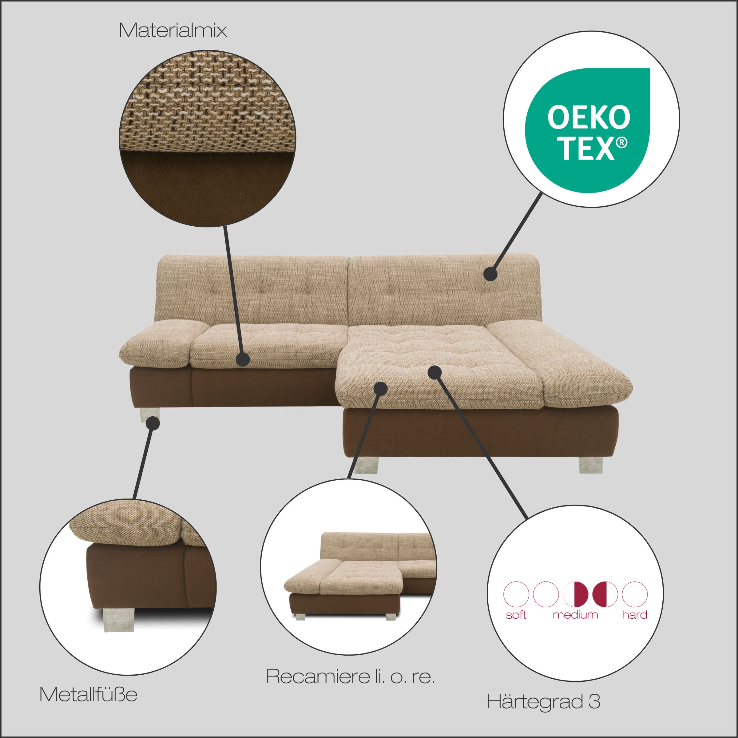 DOMO collection Ecksofa »100031 kompakte Stellmasse, komfortabel und bequem, L-Form«, wahlweise mit Bettfunktion und Armteilverstellung. Breite 234cm